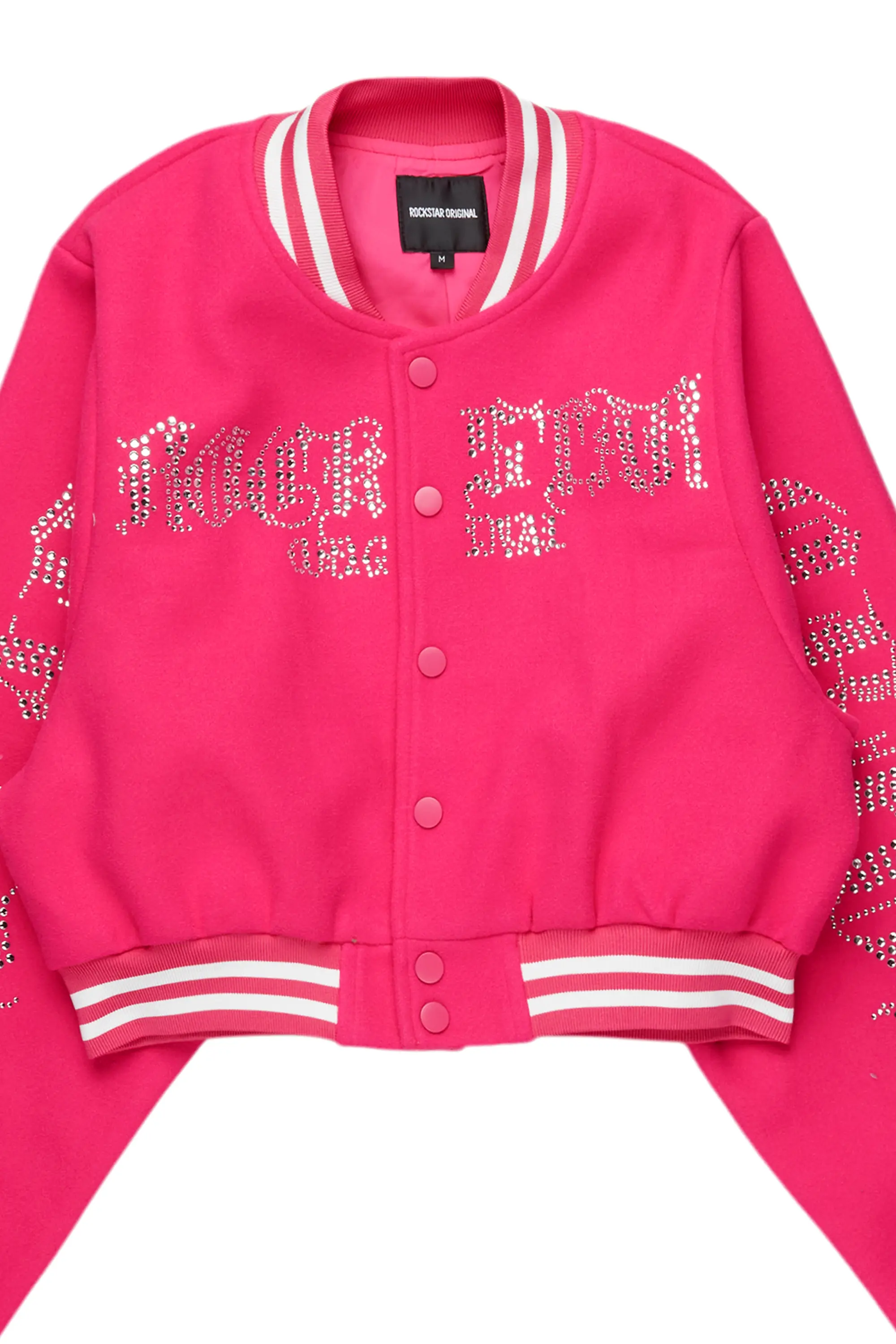 Gianni Hot Pink Crop Rhinestone Varsity Jacket - Image 7