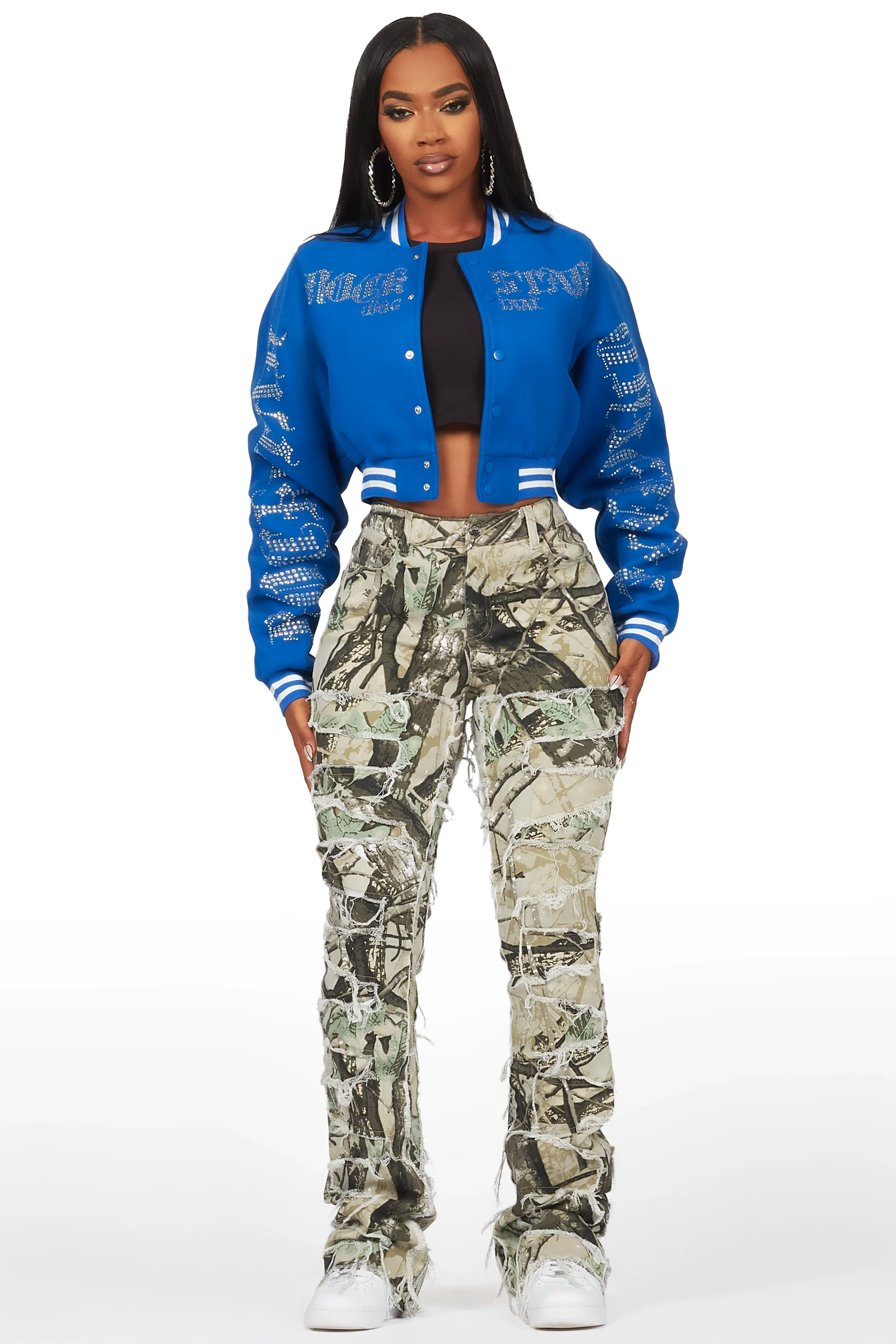 Gianni Royal Blue Crop Rhinestone Varsity Jacket - Image 7