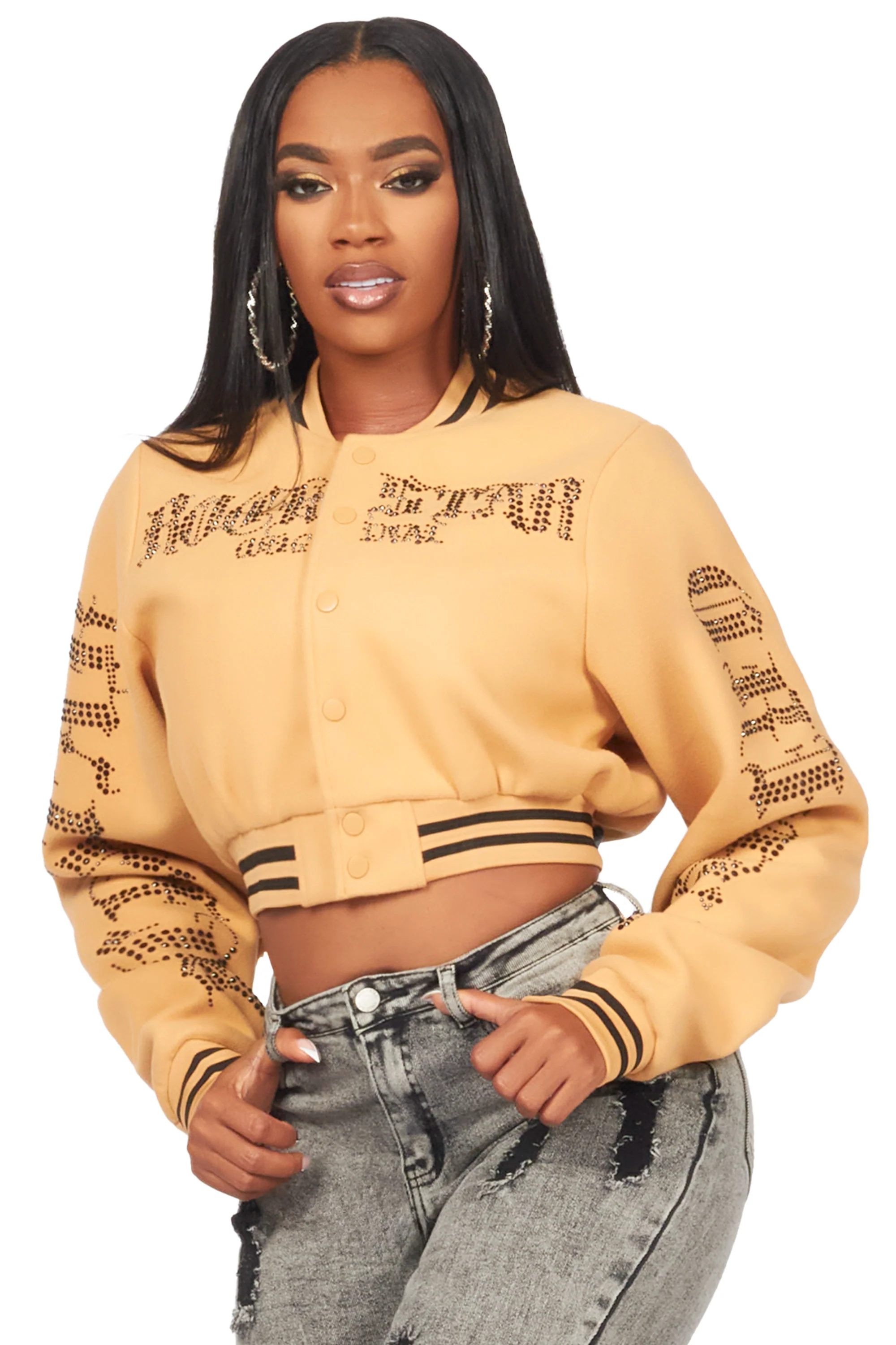 Gianni Tan Crop Rhinestone Varsity Jacket - Image 3