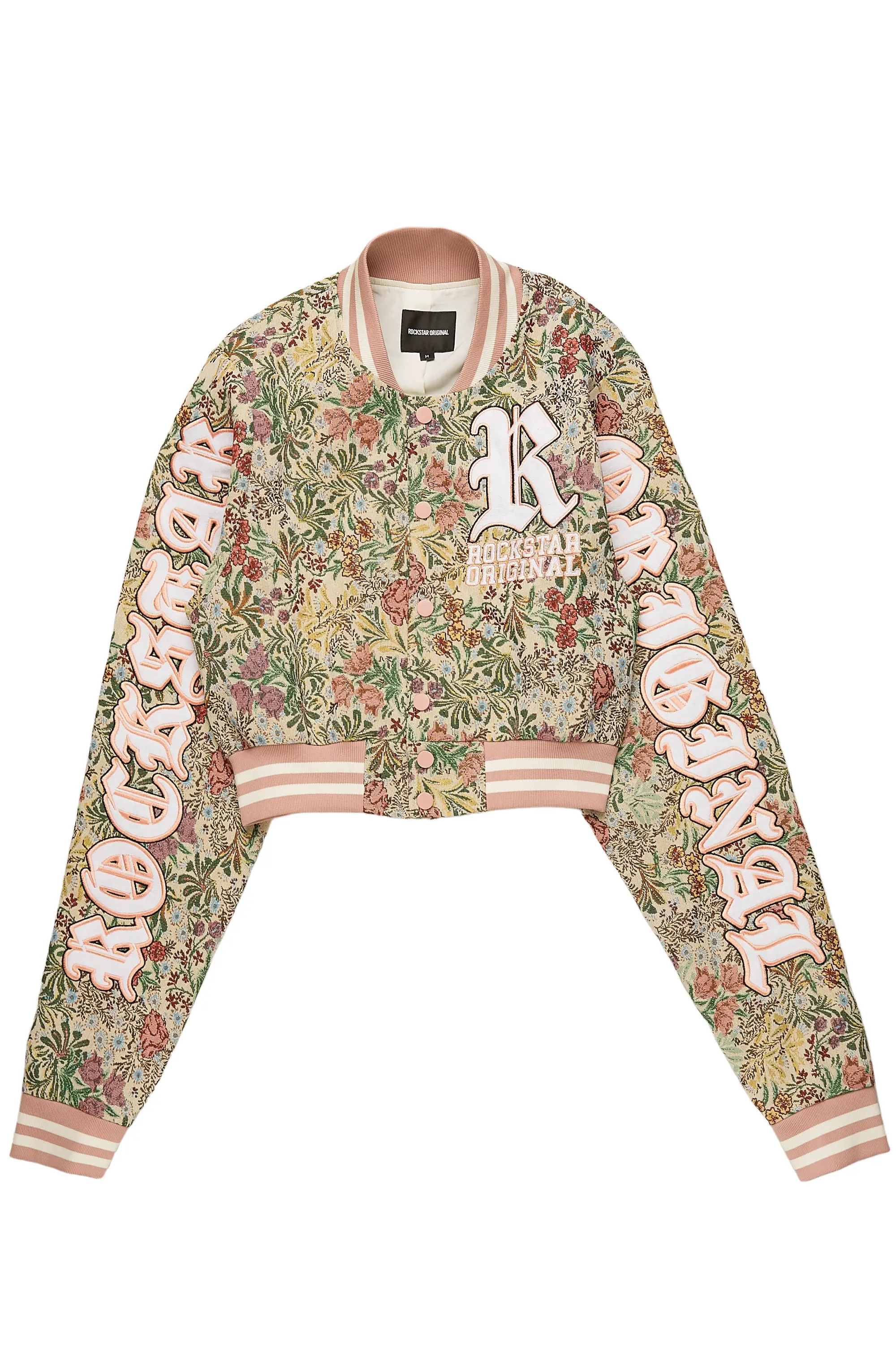 Tamia Beige Crop Tapestry Varsity Jacket - Image 3