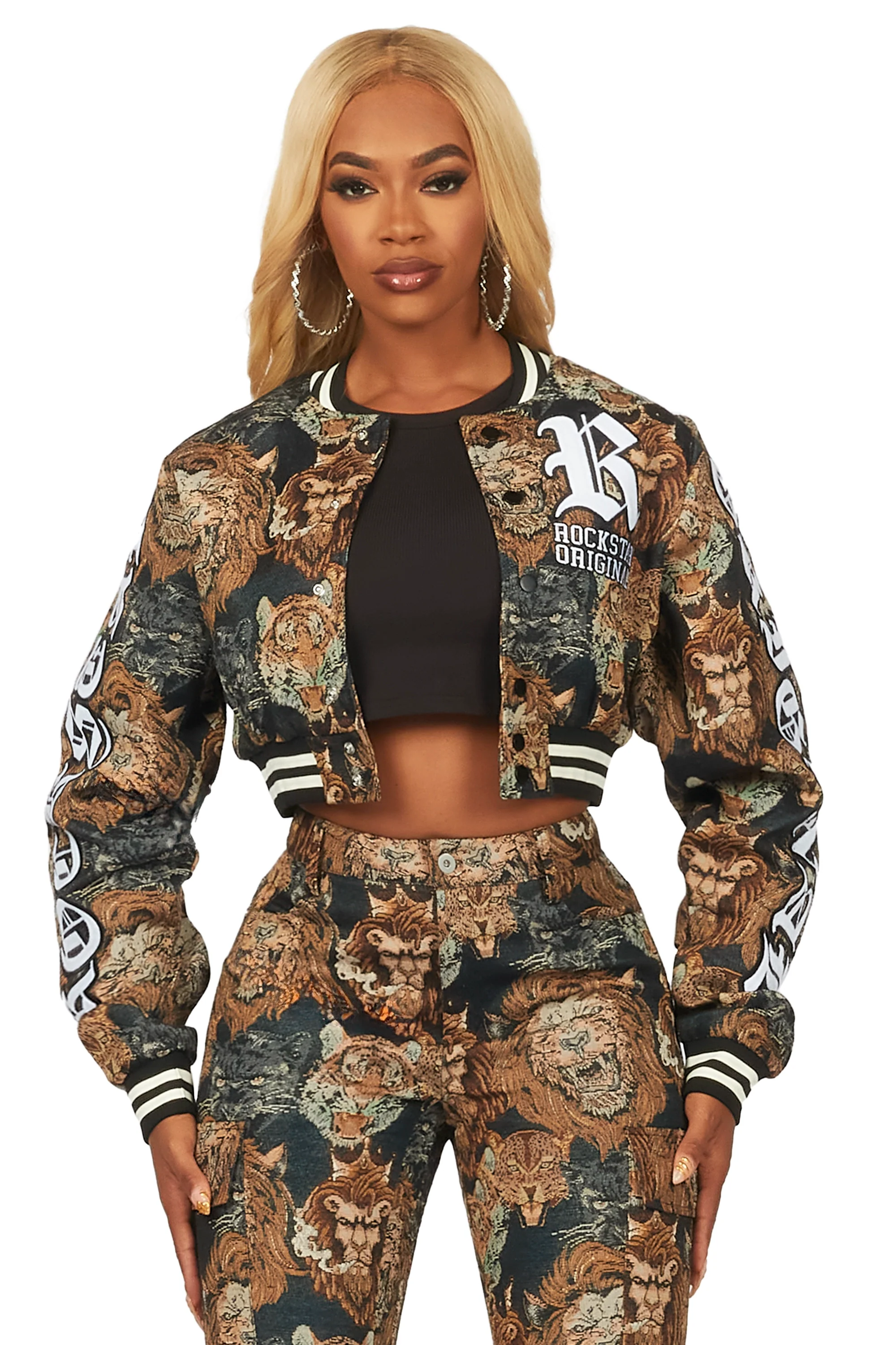 Khadiyah Black Crop Tapestry Varsity Jacket - Image 3