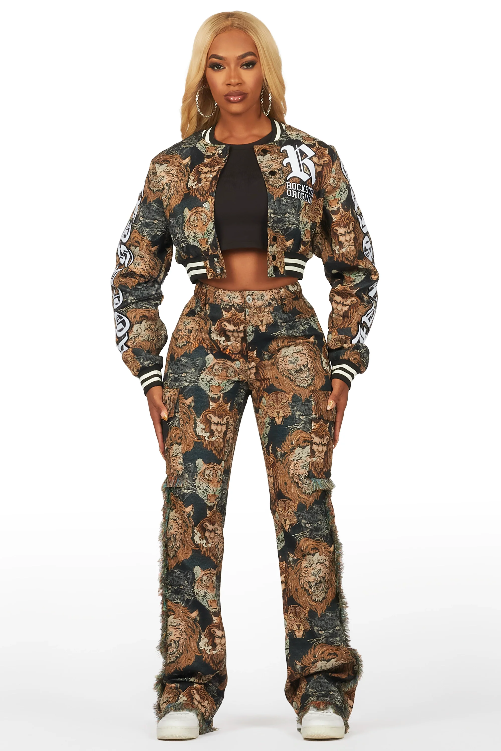 Khadiyah Black Crop Tapestry Varsity Jacket - Image 5