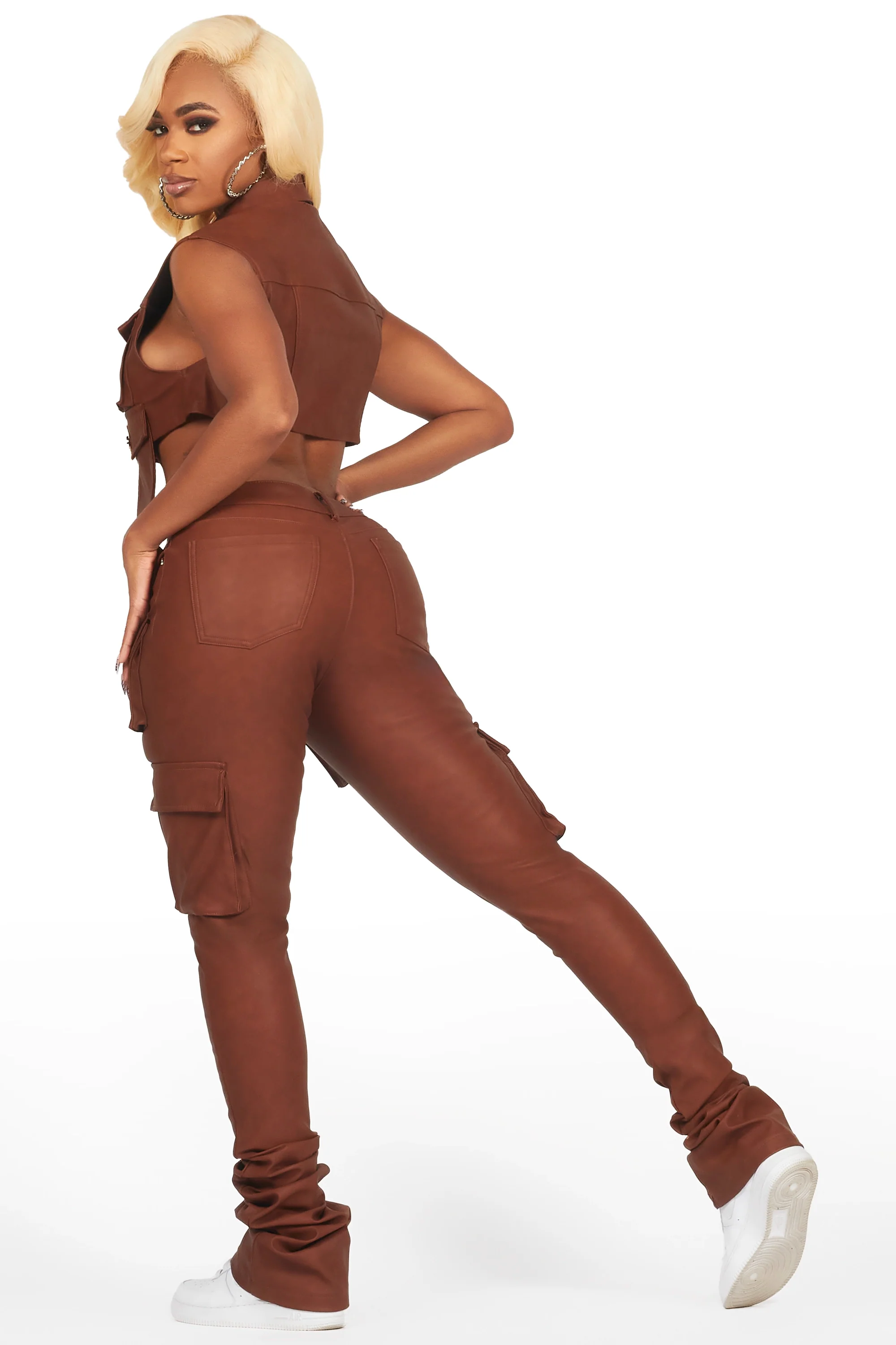 Kiedra Brown Cargo Faux Leather Vest - Image 9