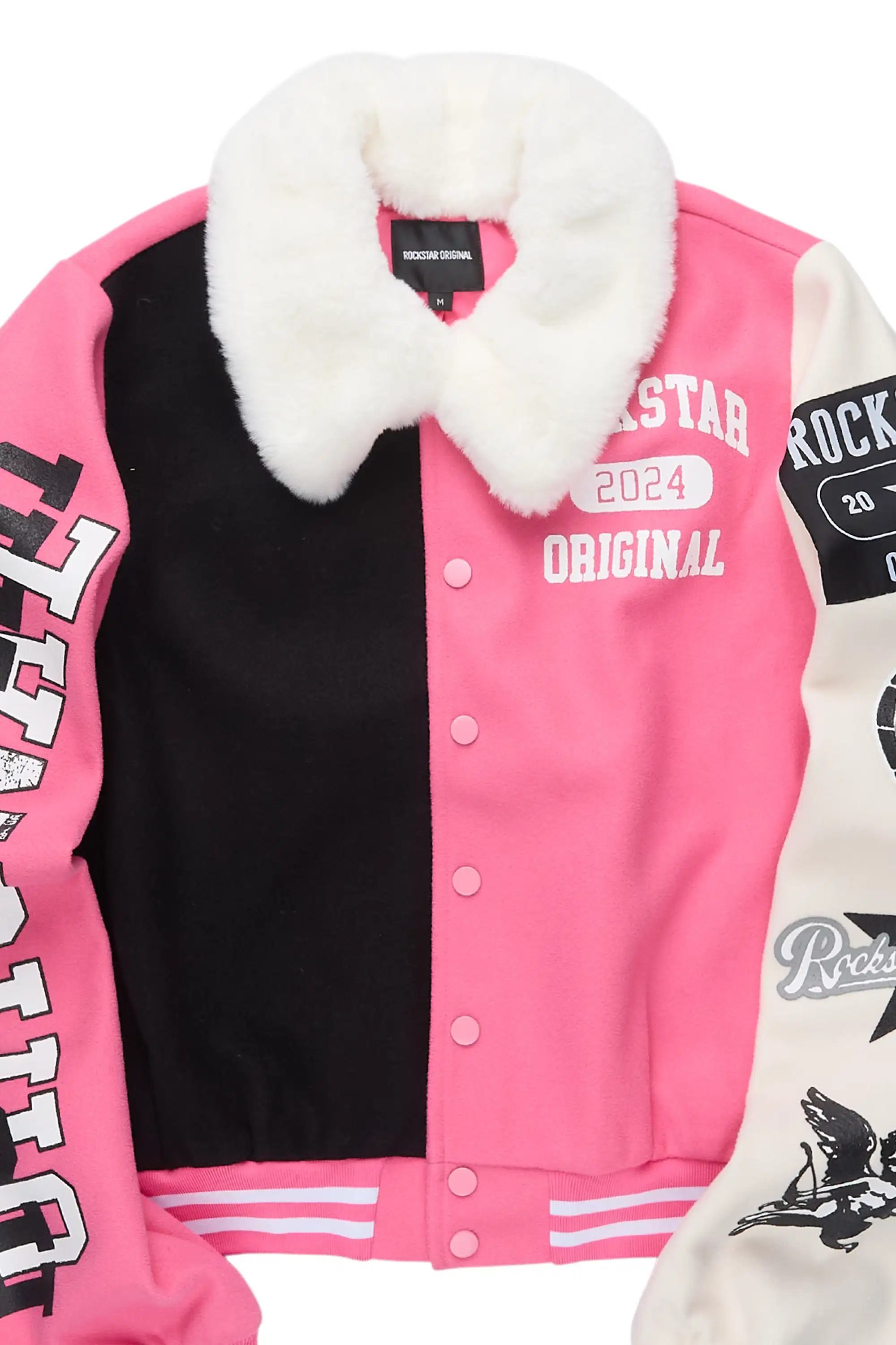 Kisha Pink/Black/White Fur Collar Varsity Jacket - Image 5