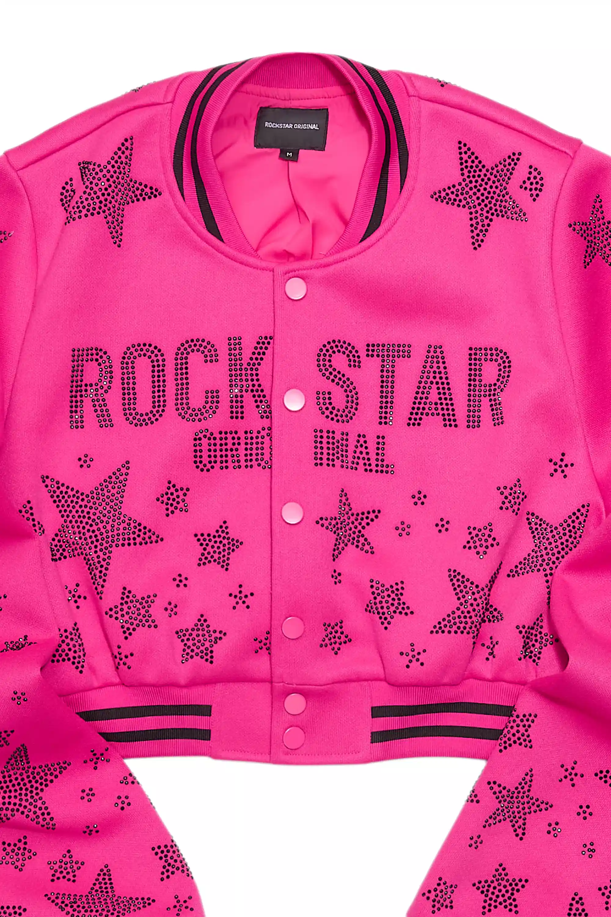 Shanda Hot Pink Crop Rhinestone Varsity Jacket - Image 10