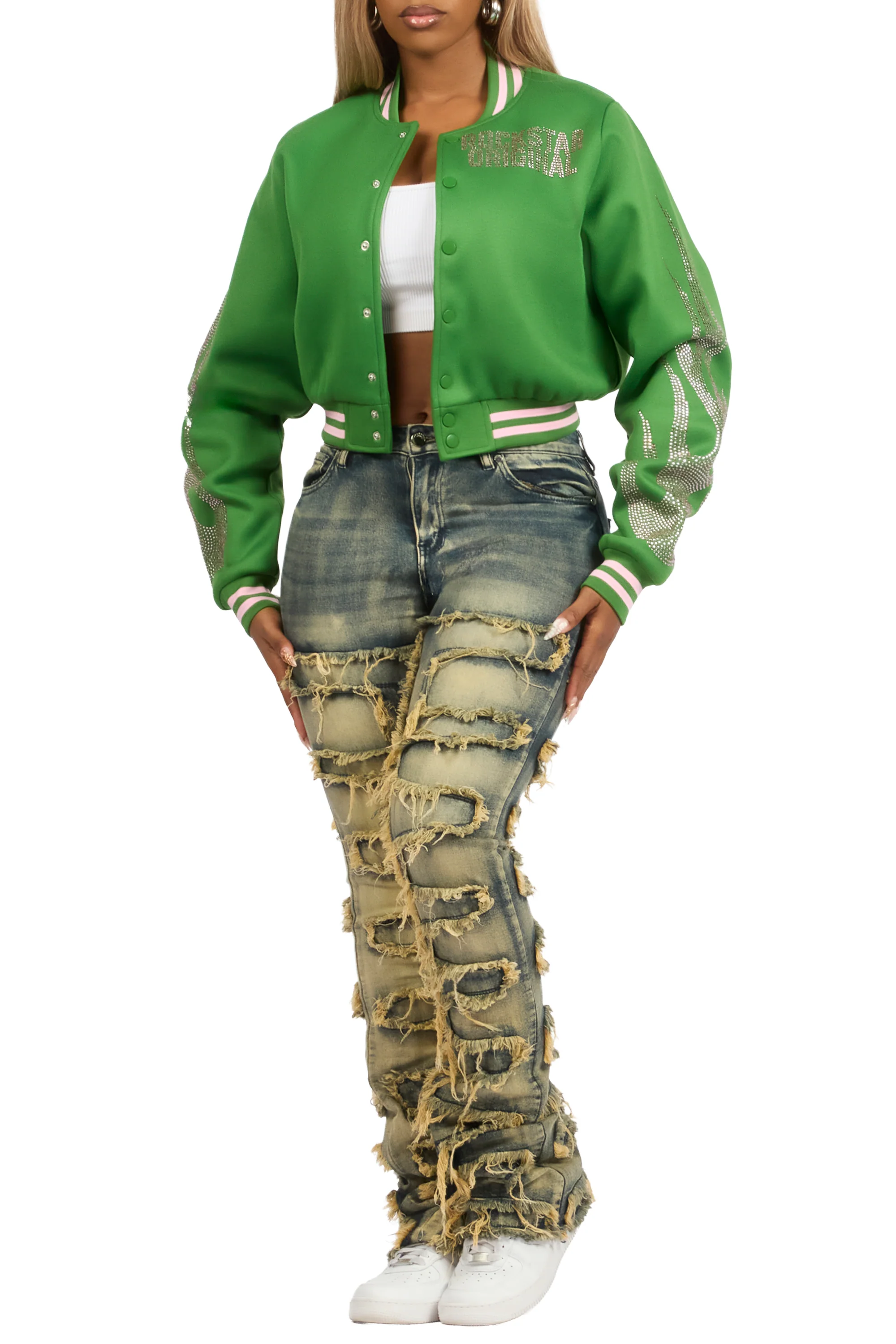 Beunca Green Rhinestone Varsity Jacket - Image 9