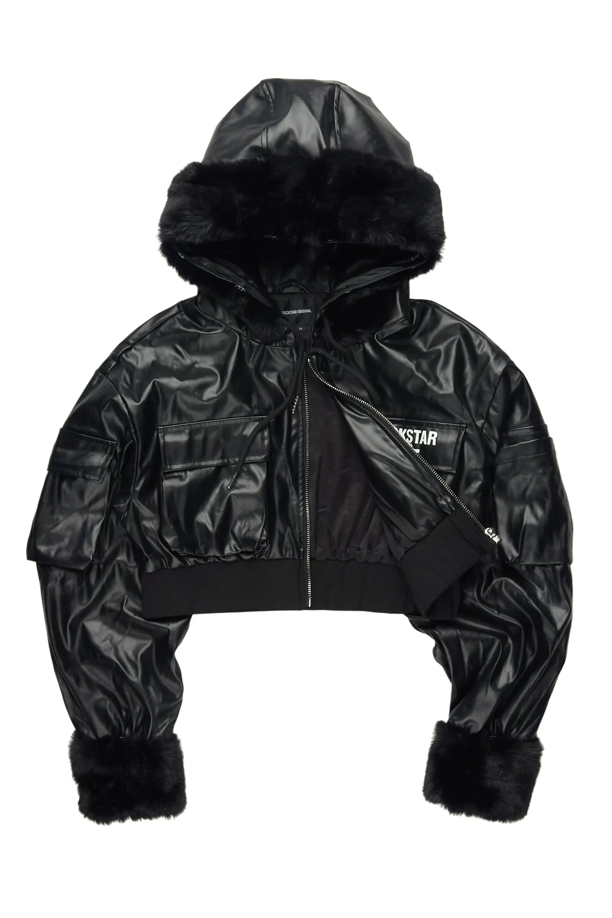 Amyia Black PU Jacket With Fur Hood - Image 4