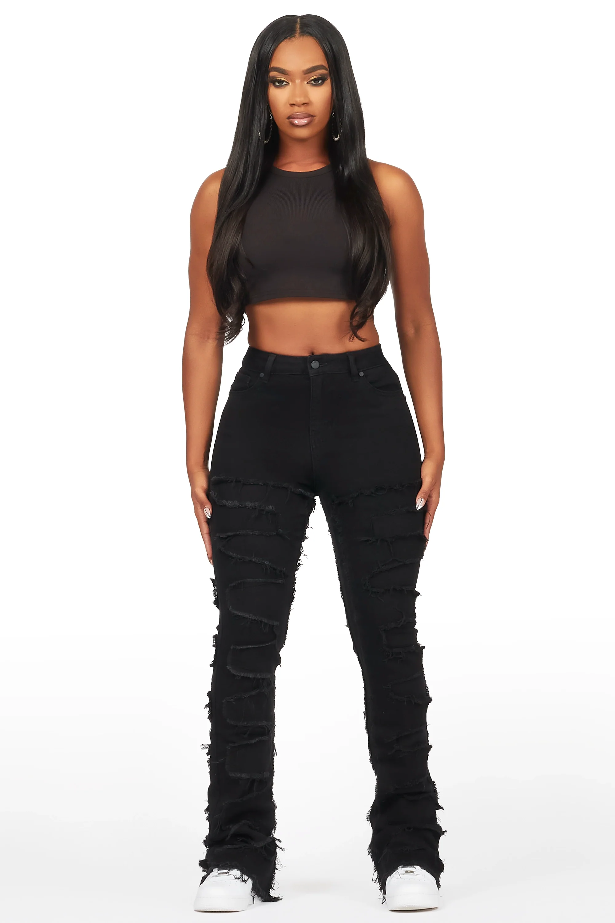 Zariyah Black Stacked Flare Jean - Image 3