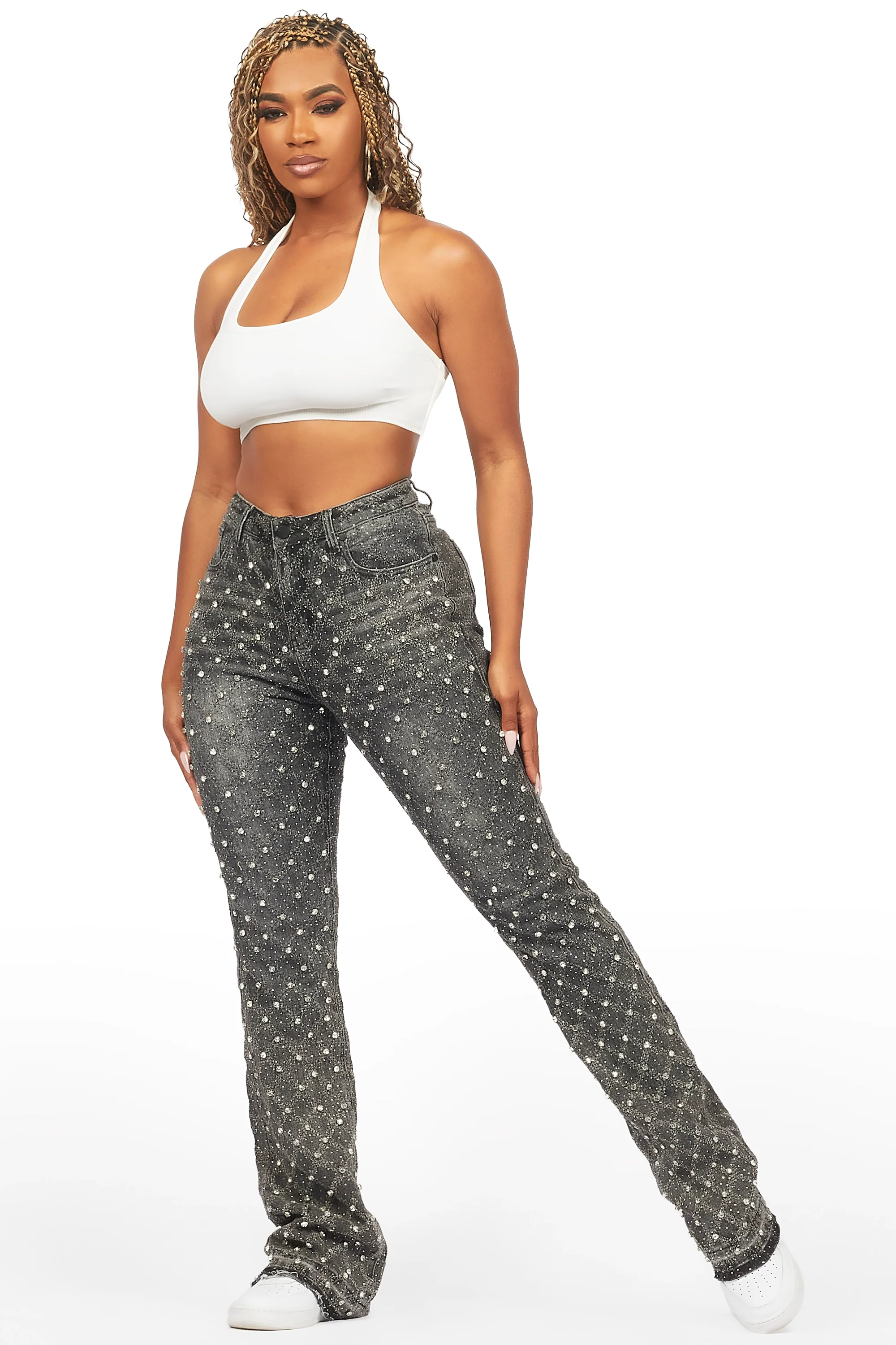 Sareka Grey Wash Rhinestone Stacked Flare Jean - Image 5