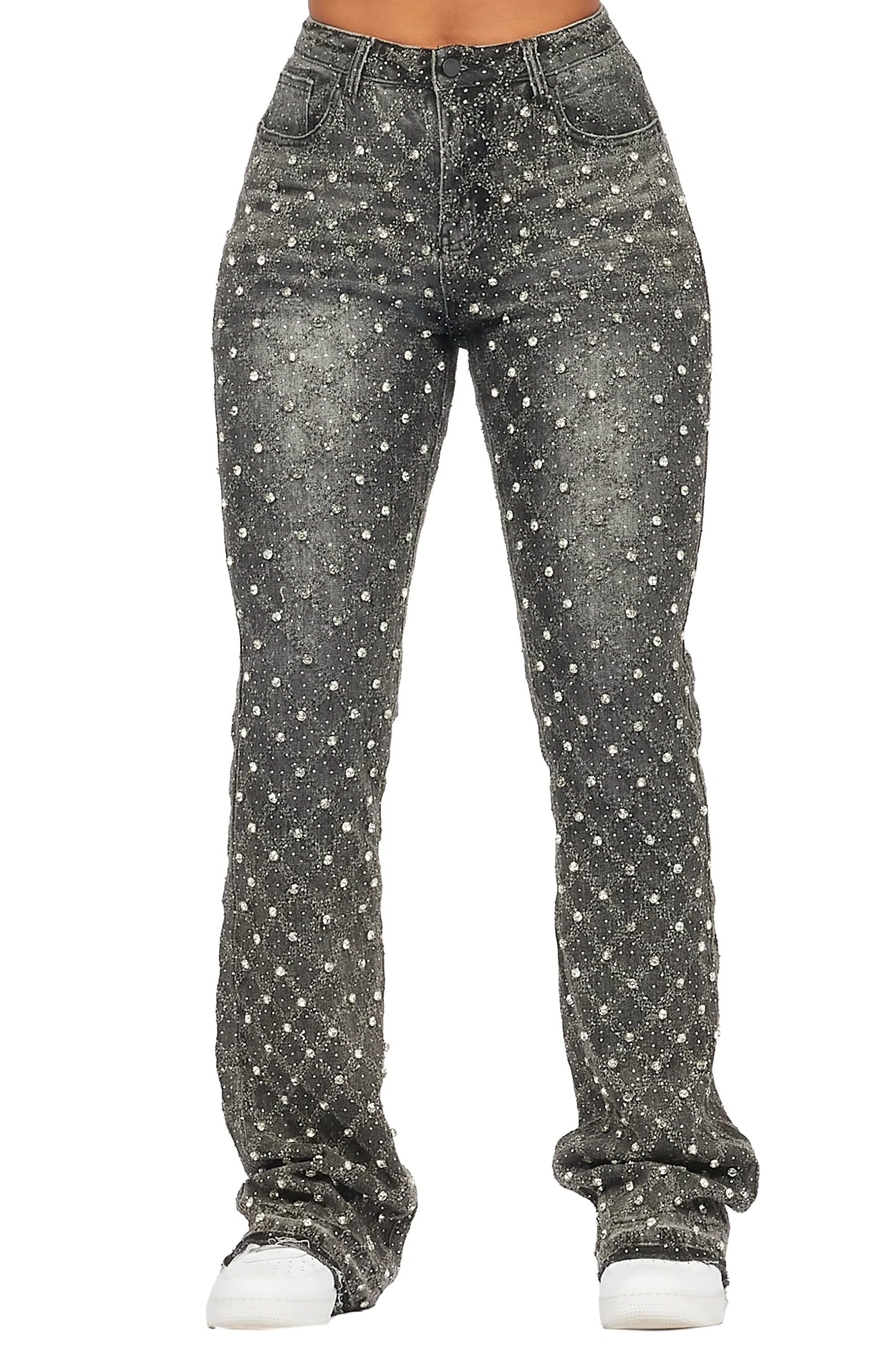 Sareka Grey Wash Rhinestone Stacked Flare Jean - Image 9