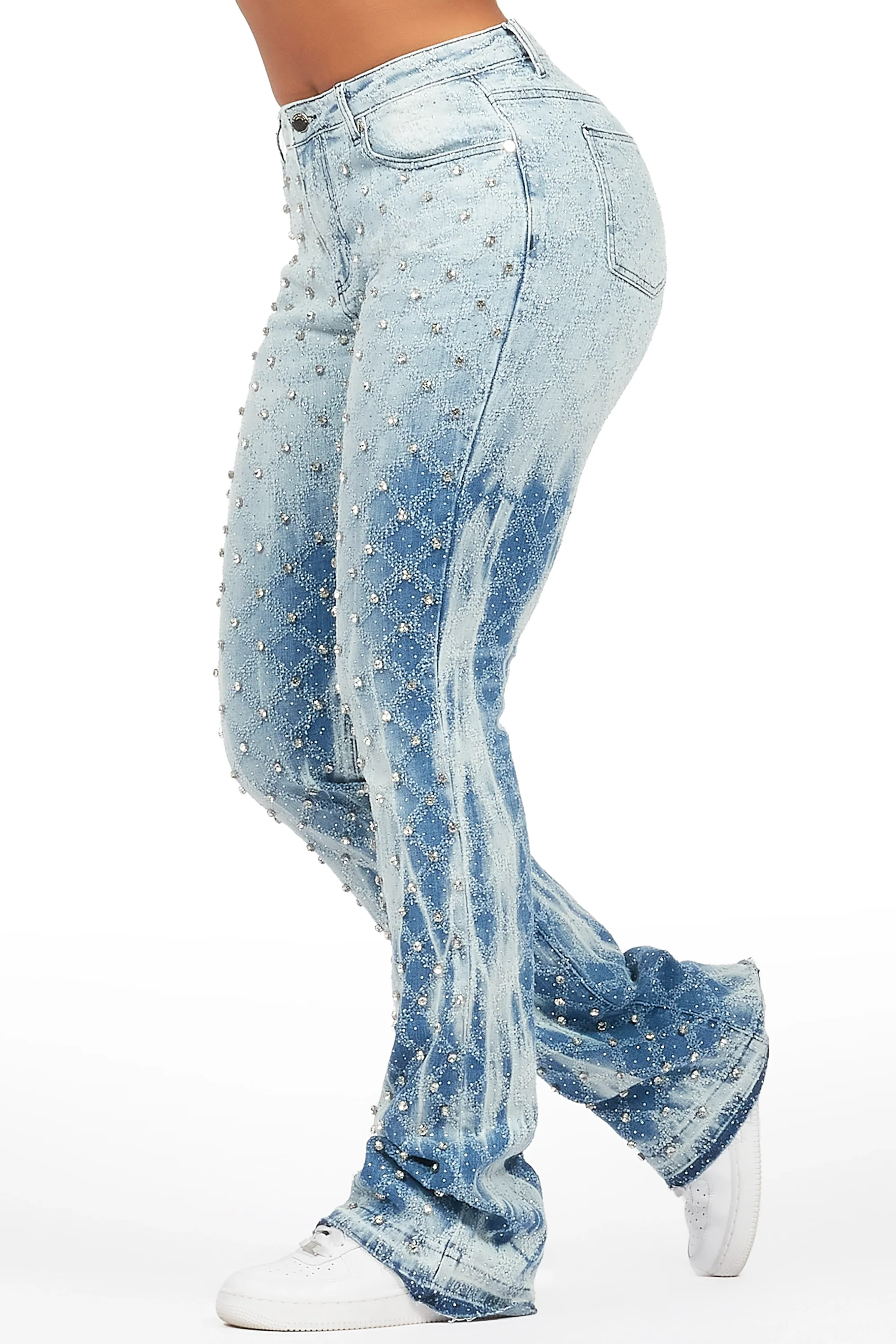 Sareka Light Wash Rhinestone Stacked Flare Jean - Image 6