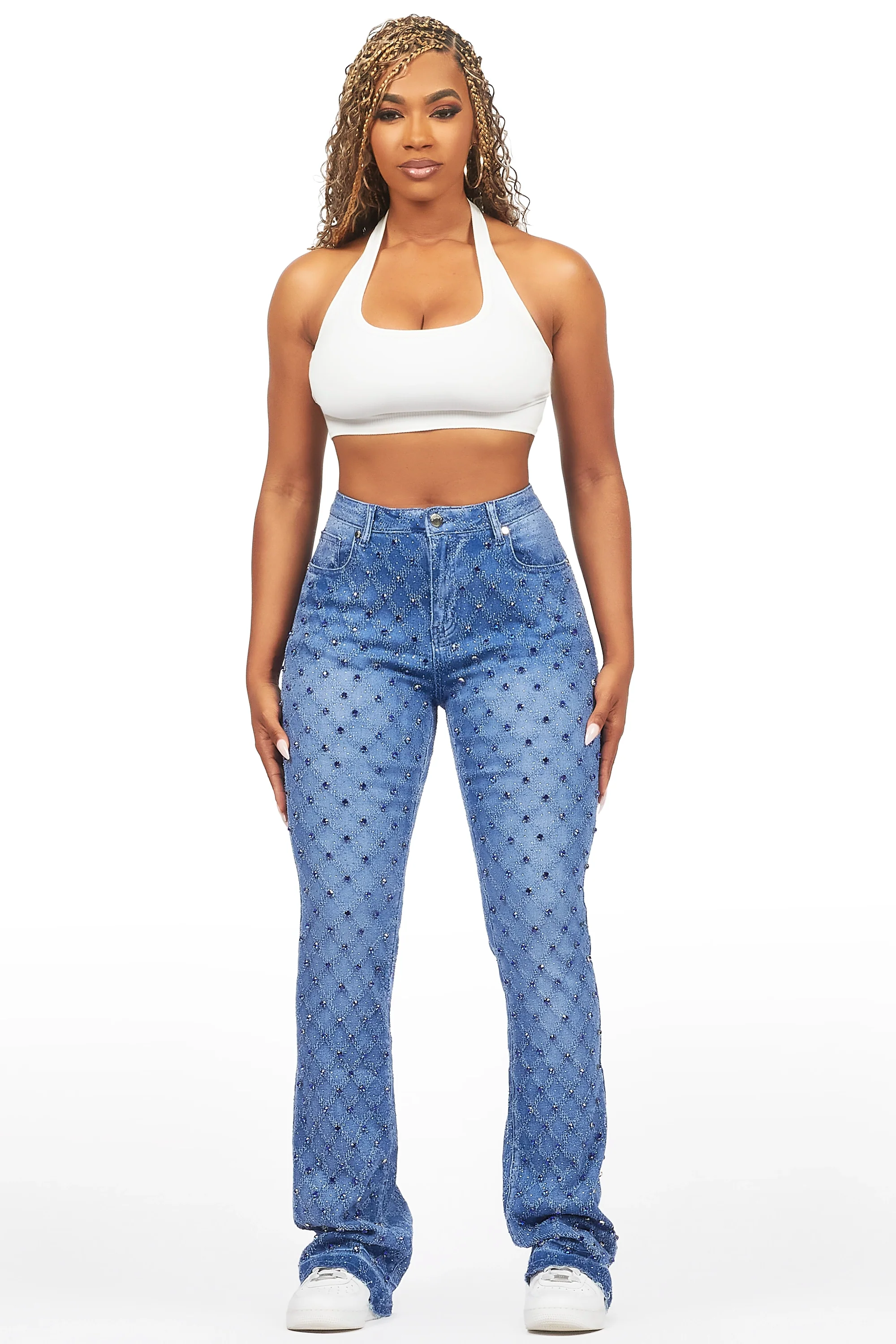 Sareka Royal Blue Rhinestone Stacked Flare Jean - Image 4