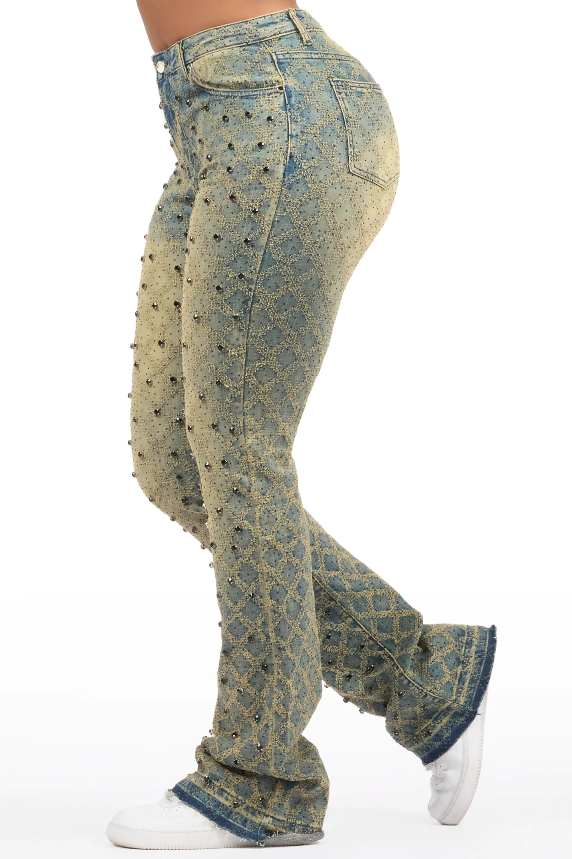Sareka Tinted Dark Wash Rhinestone Stacked Flare Jean - Image 4