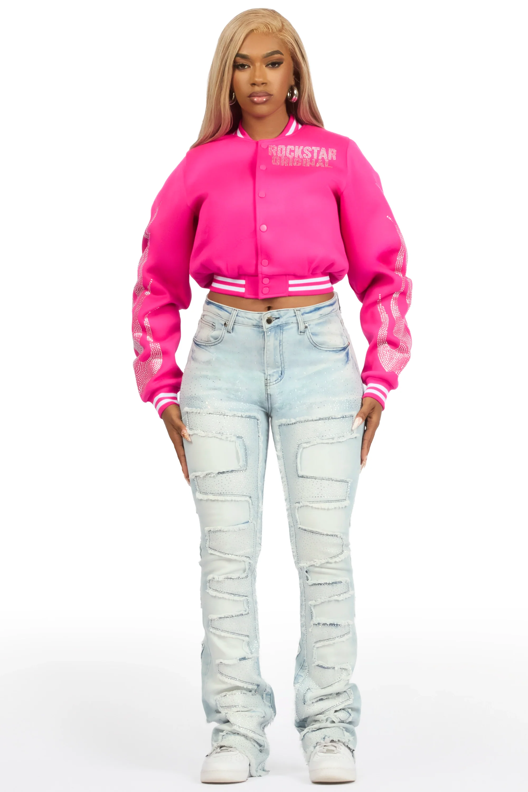 Zariyah Rhinestone Light Wash Stacked Flare Jean - Image 3