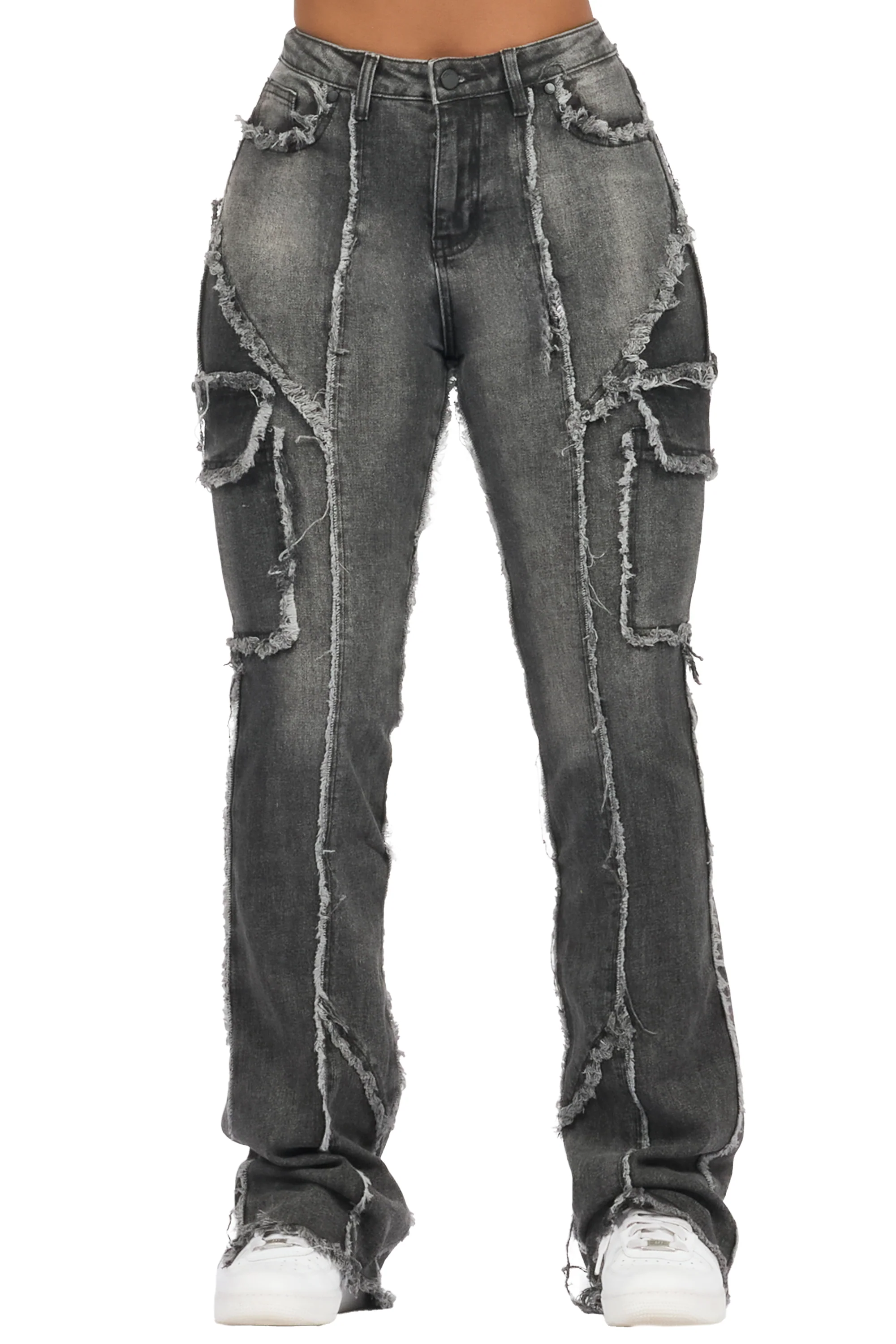 Keshia Dark Grey Wash Stacked Flare Jean - Image 12