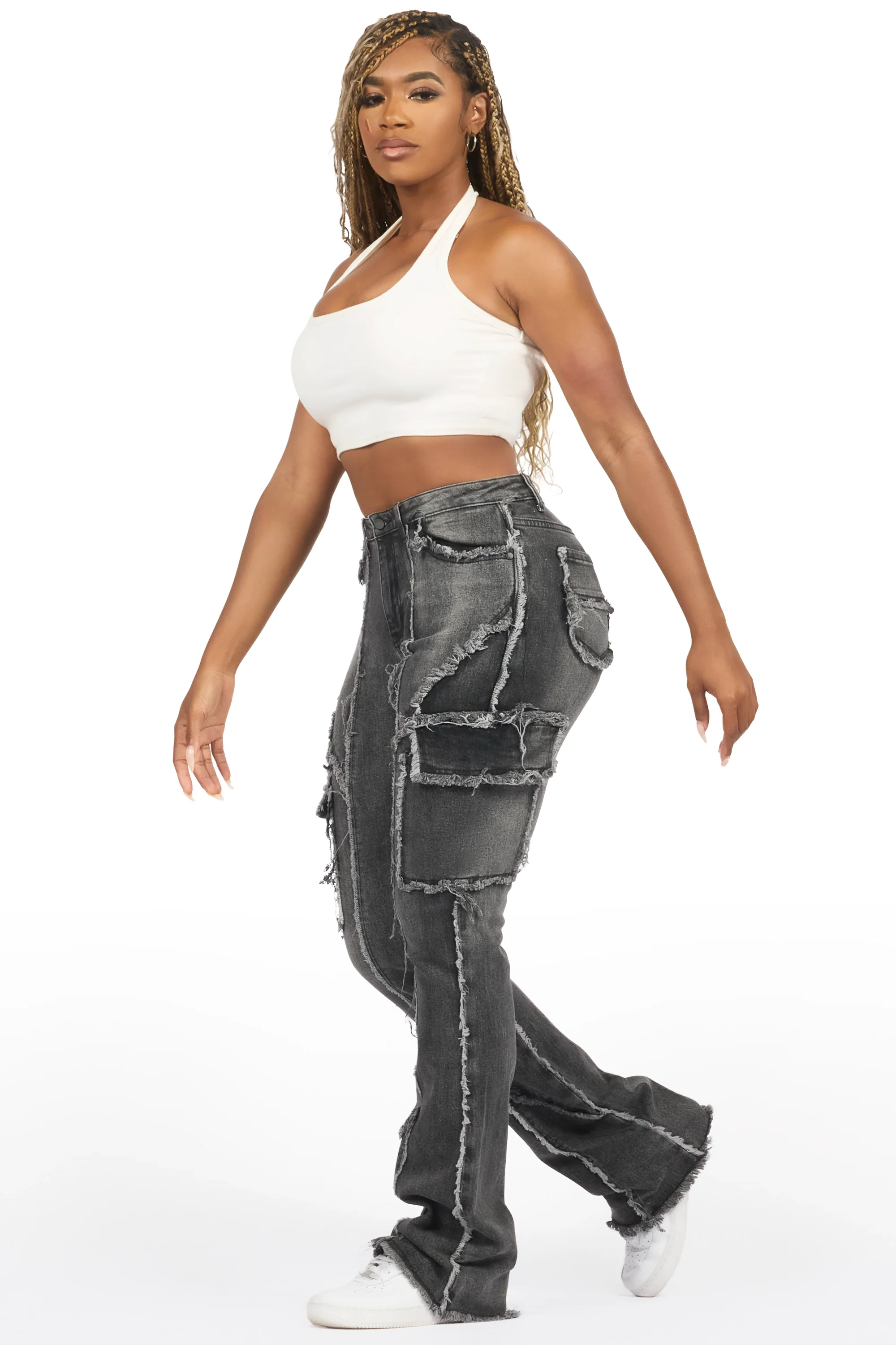 Keshia Dark Grey Wash Stacked Flare Jean - Image 9