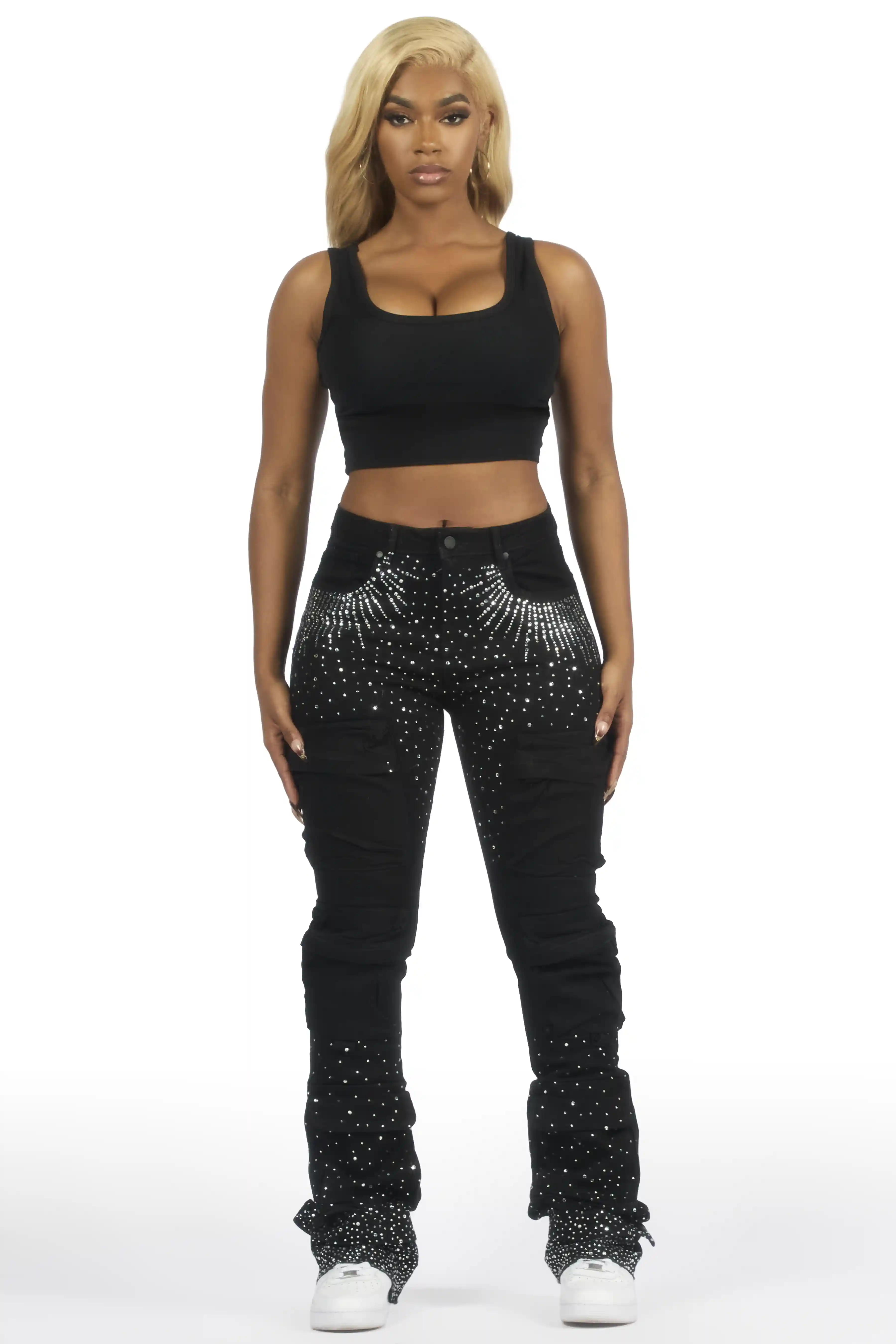 Ashela Black Rhinestone Stacked Jean - Image 3