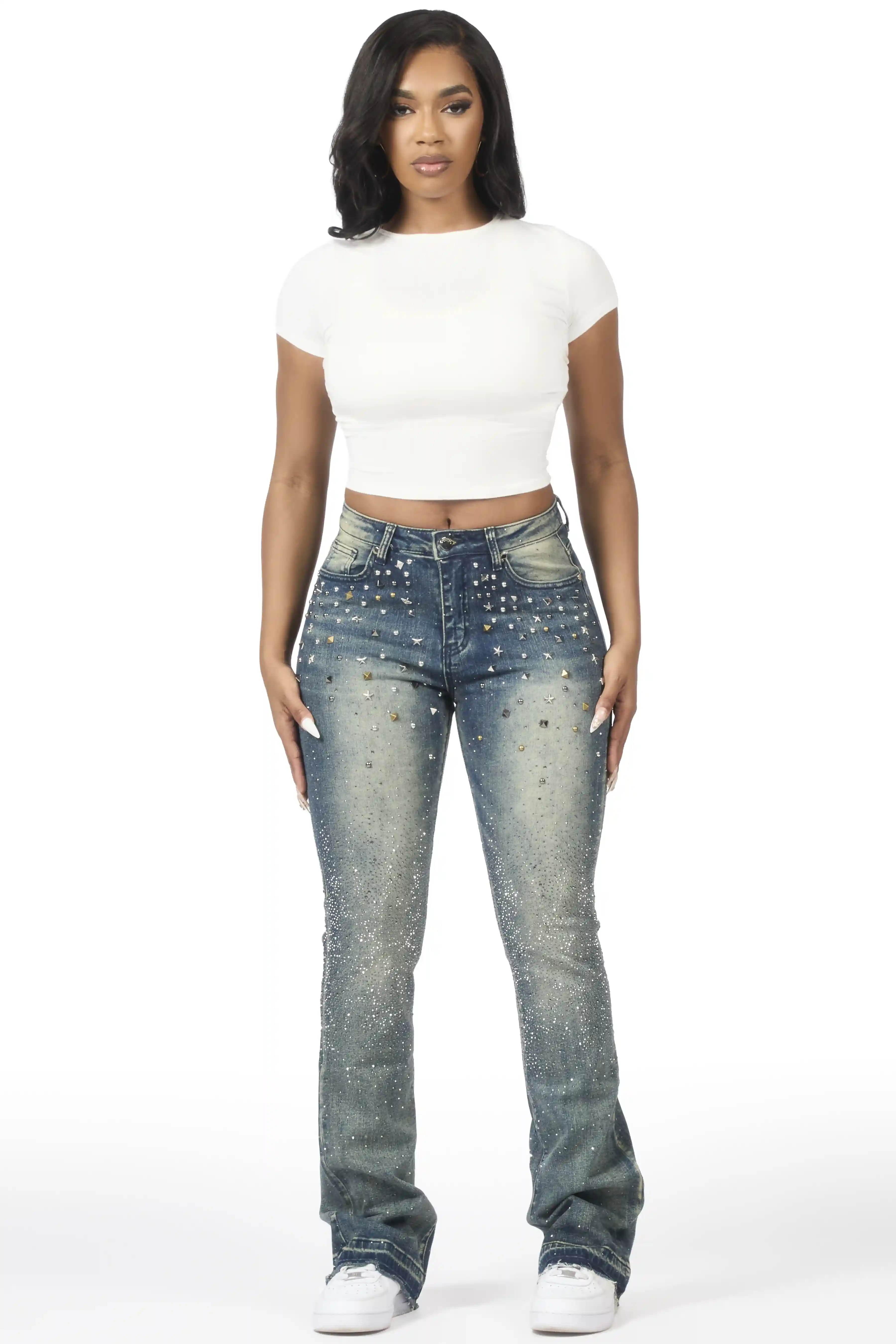 Starr Dark Wash Rhinestone Stacked Flare Jean - Image 2