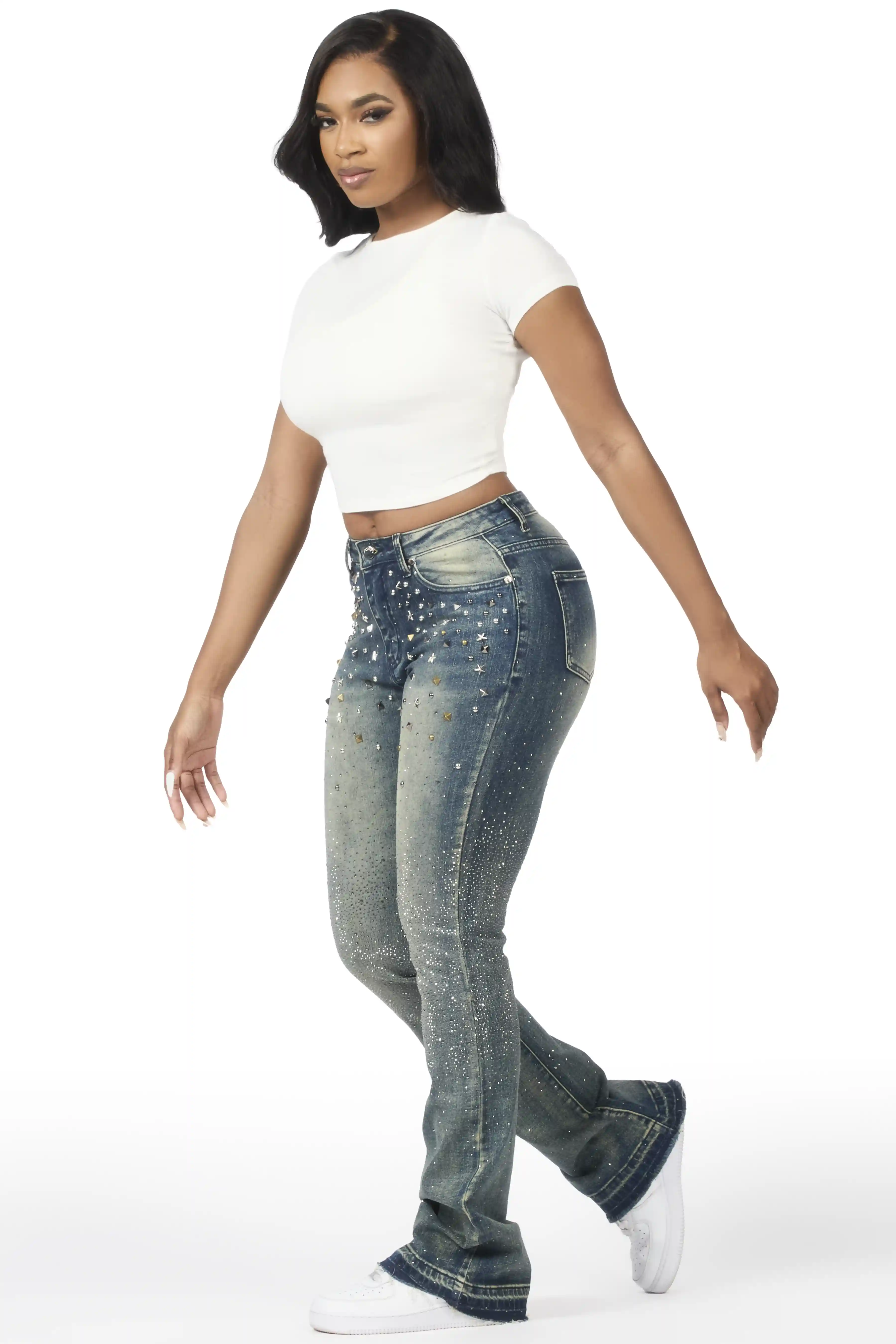 Starr Dark Wash Rhinestone Stacked Flare Jean - Image 4