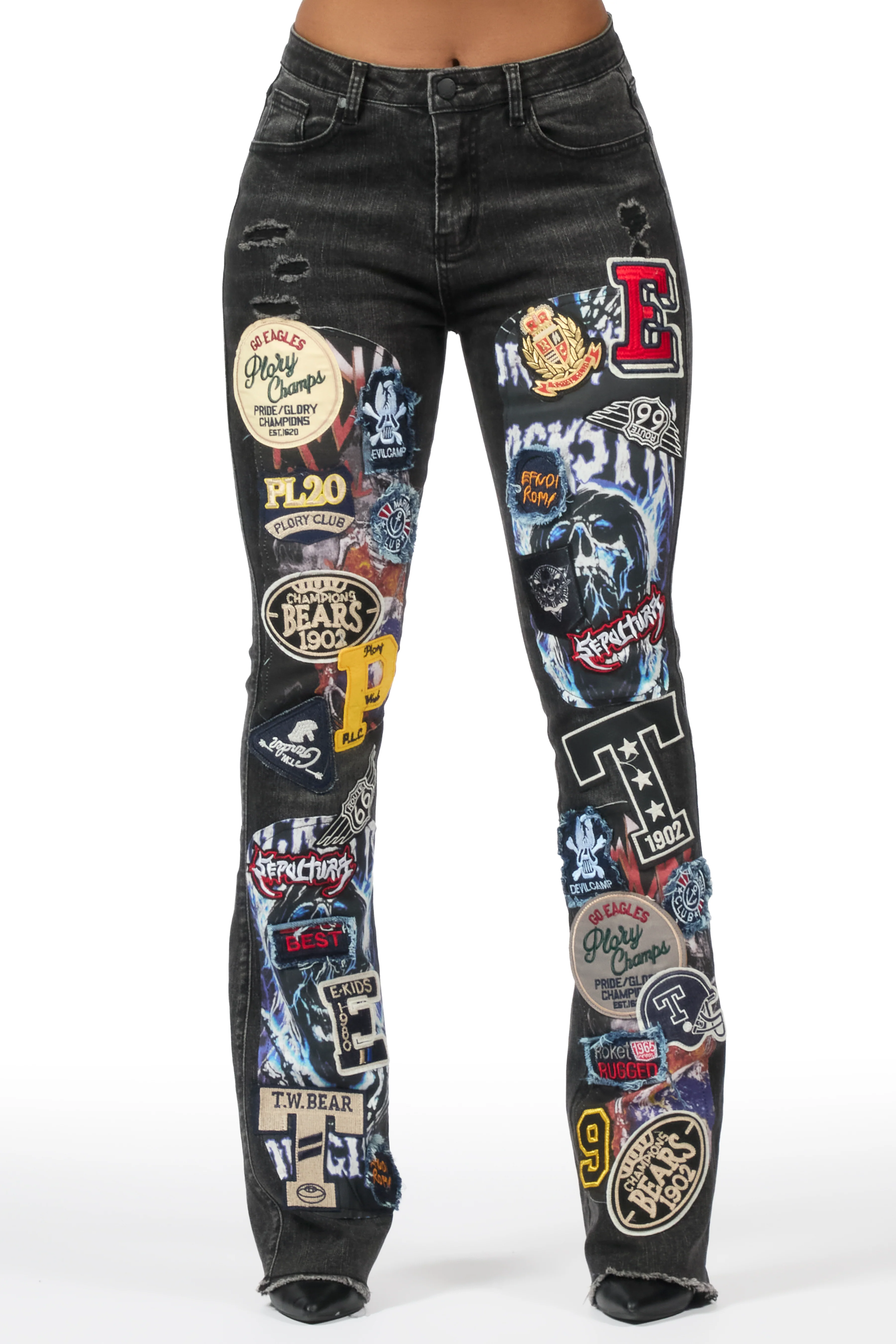 Brittiny Black Patchwork Stacked Flare Jean
