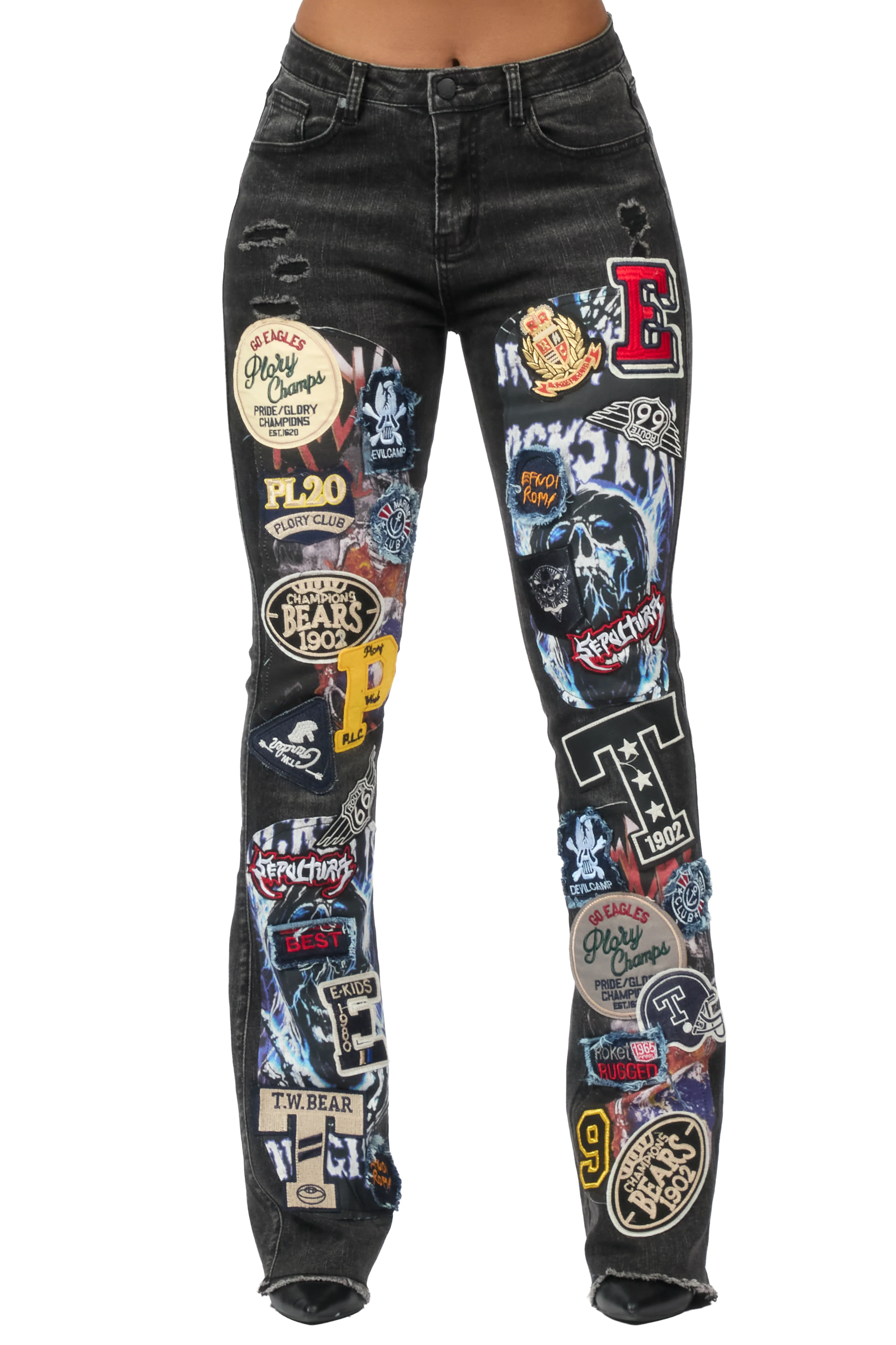 Brittiny Black Patchwork Stacked Flare Jean - Image 9