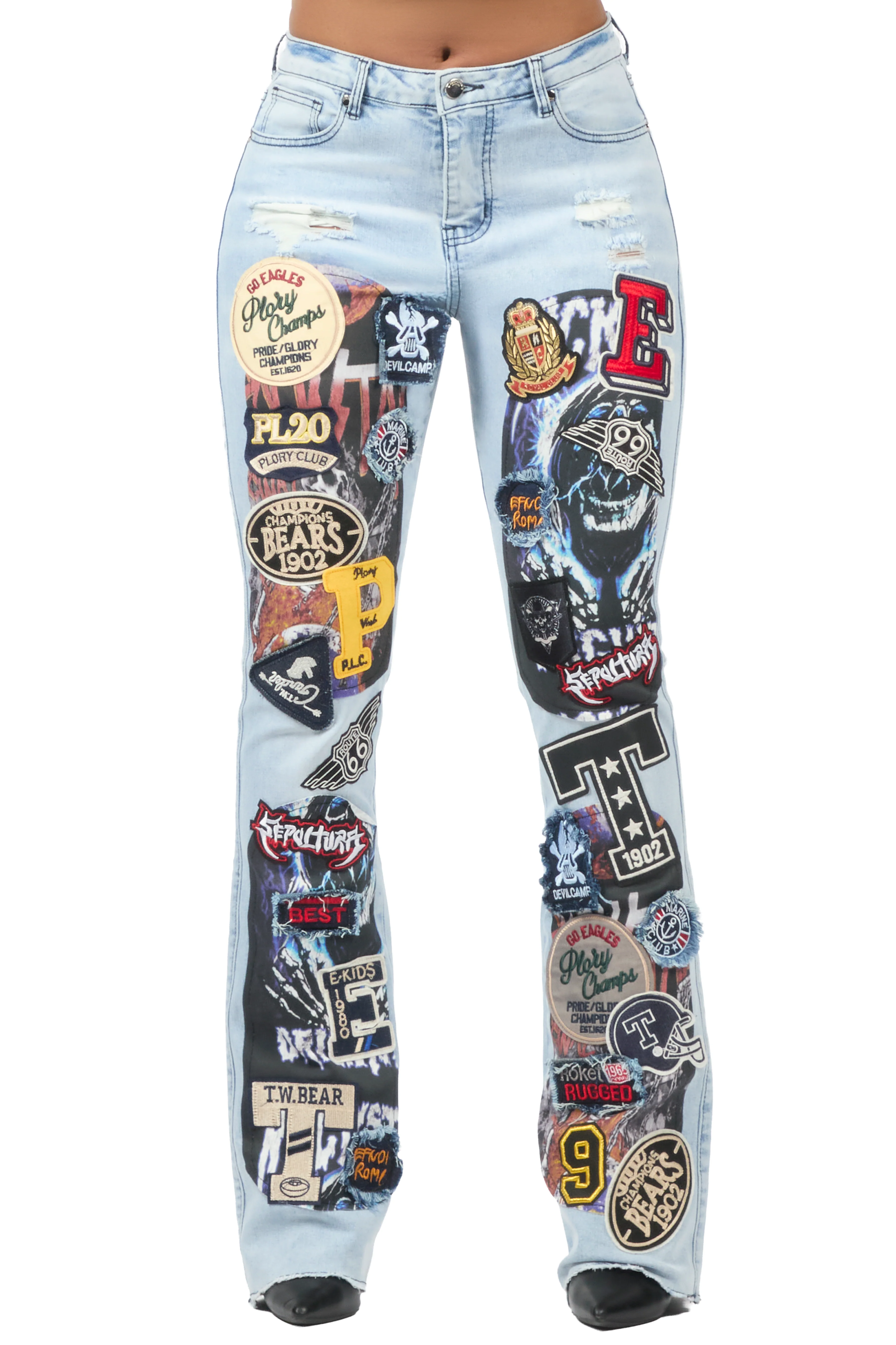 Brittiny Light Wash Patchwork Stacked Flare Jean - Image 6