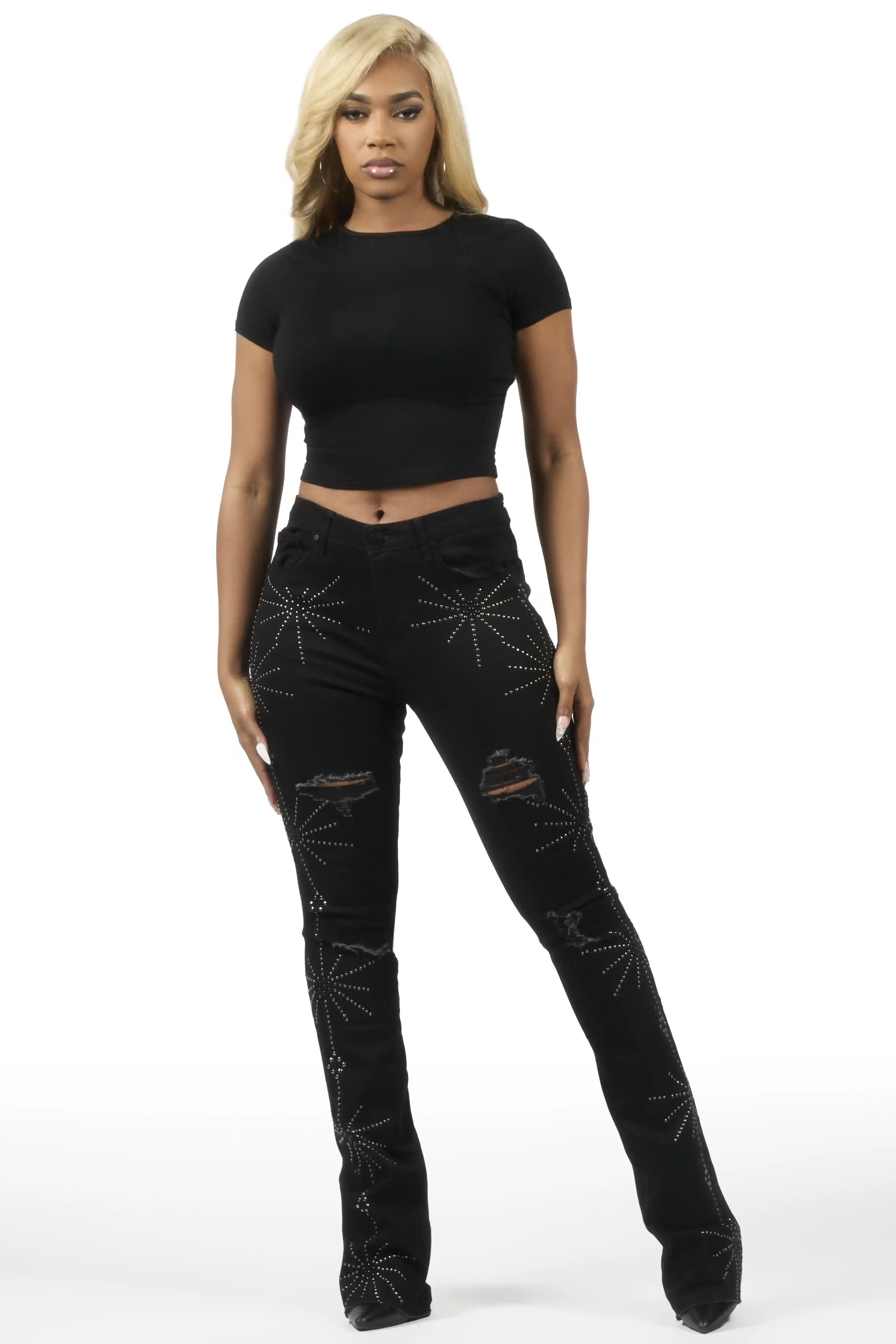 Ikia Black Studded Stacked Flare Jean - Image 3