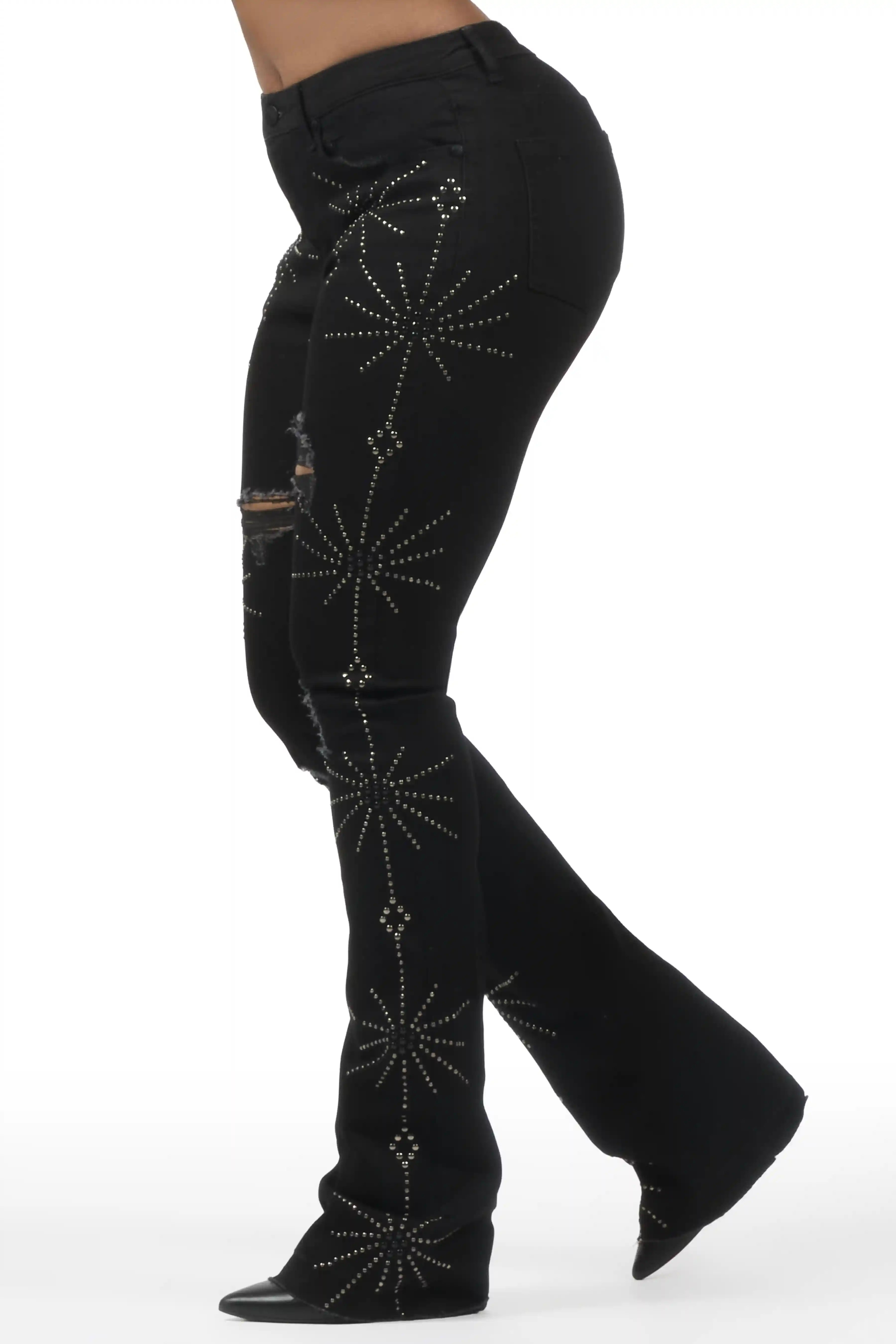 Ikia Black Studded Stacked Flare Jean - Image 5