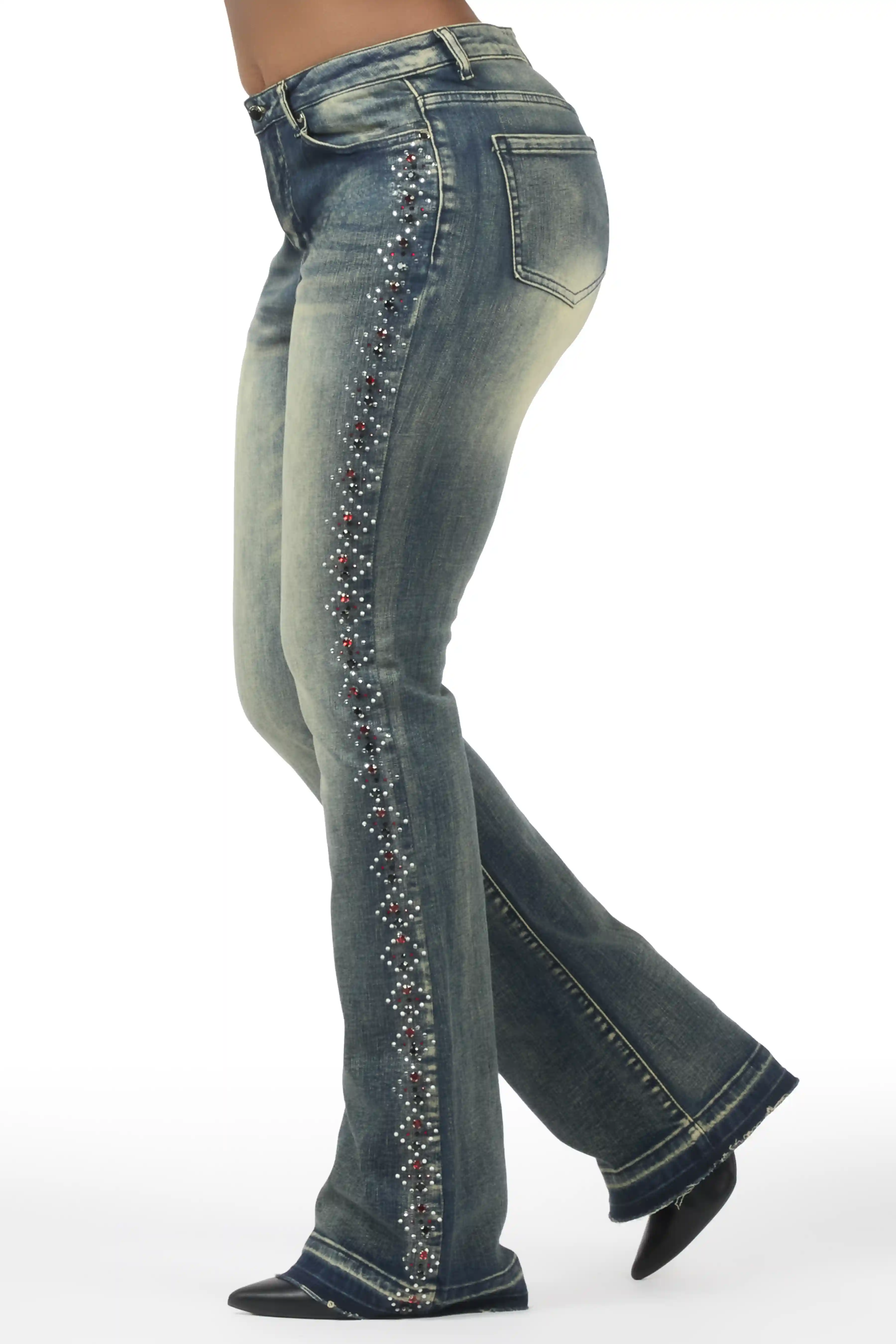 Gria Tinted Wash Rhinestone Stacked Flare Jean