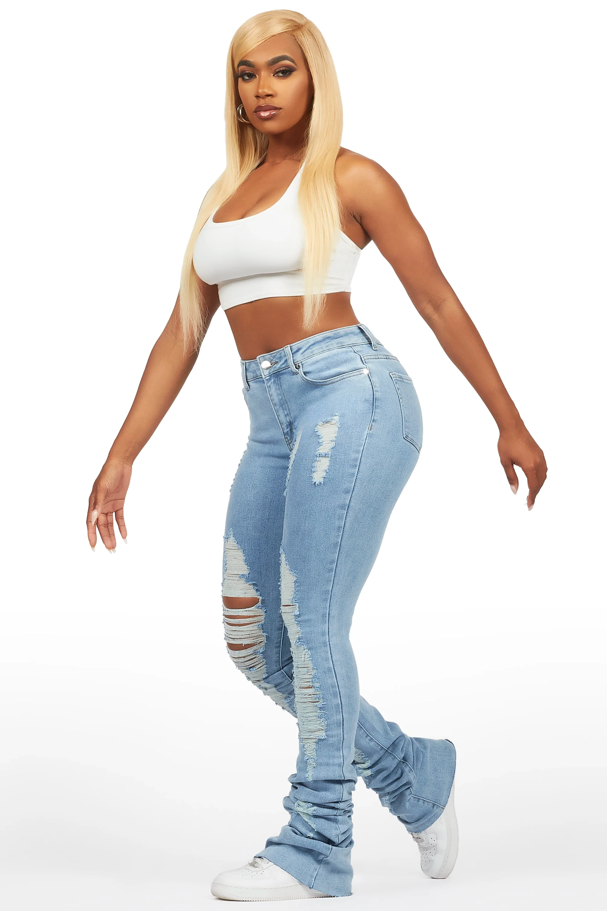 Got A Crush Light Wash Distressed Super Stacked Jean - Image 3