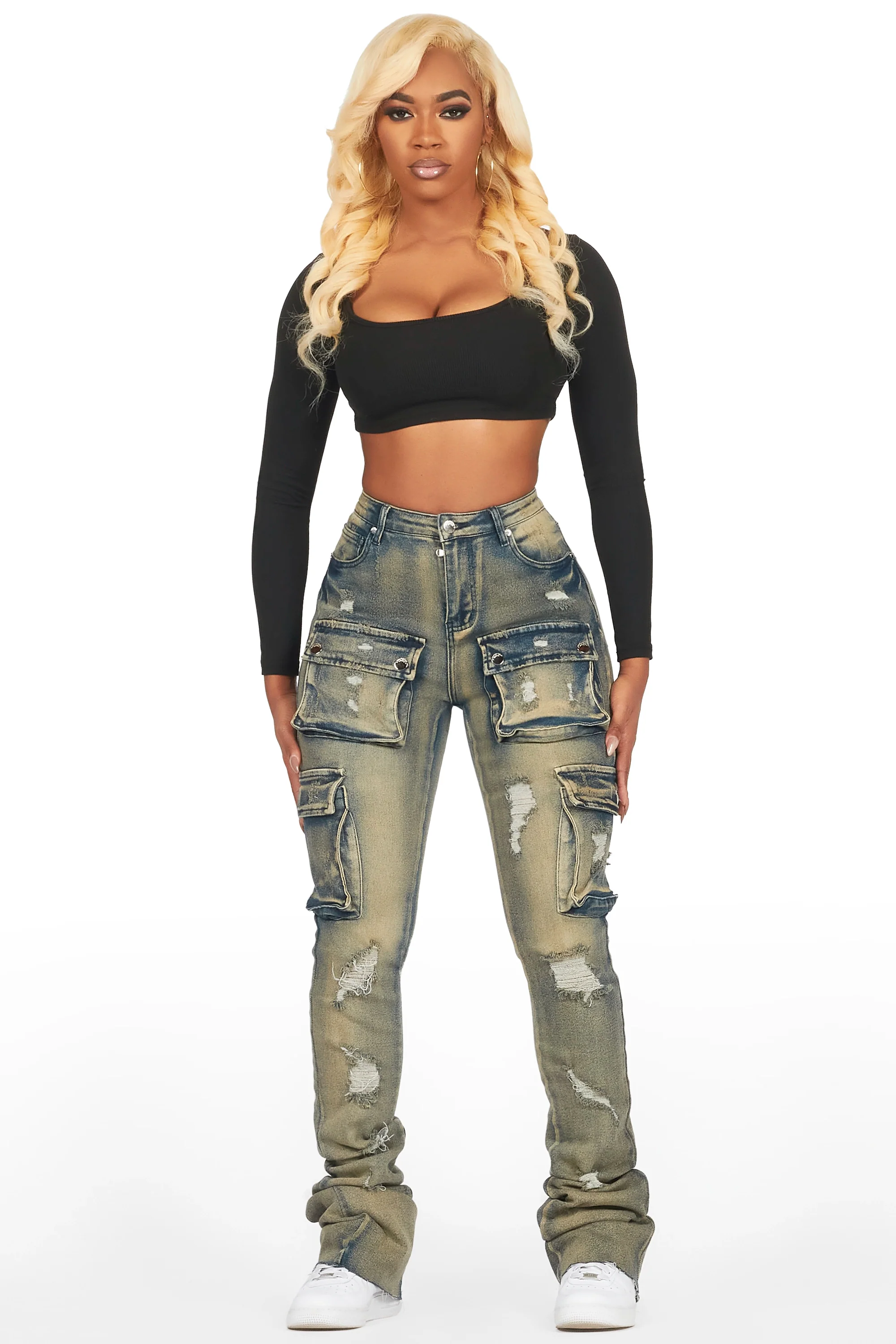 Noor Tinted Dark Wash Cargo Super Stacked Jean - Image 4