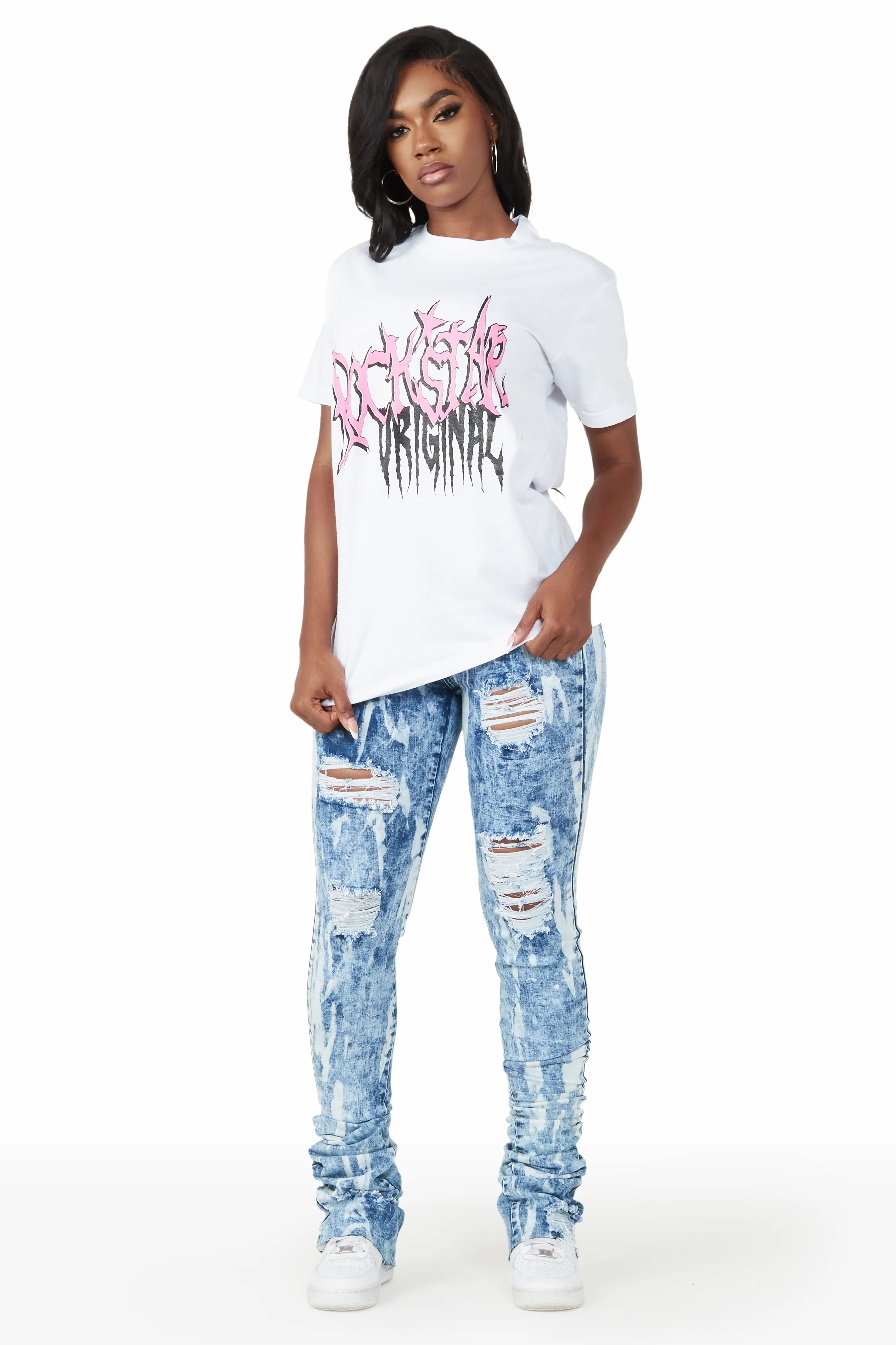 Isha Medium Wash Distressed Super Stacked Jean - Image 6