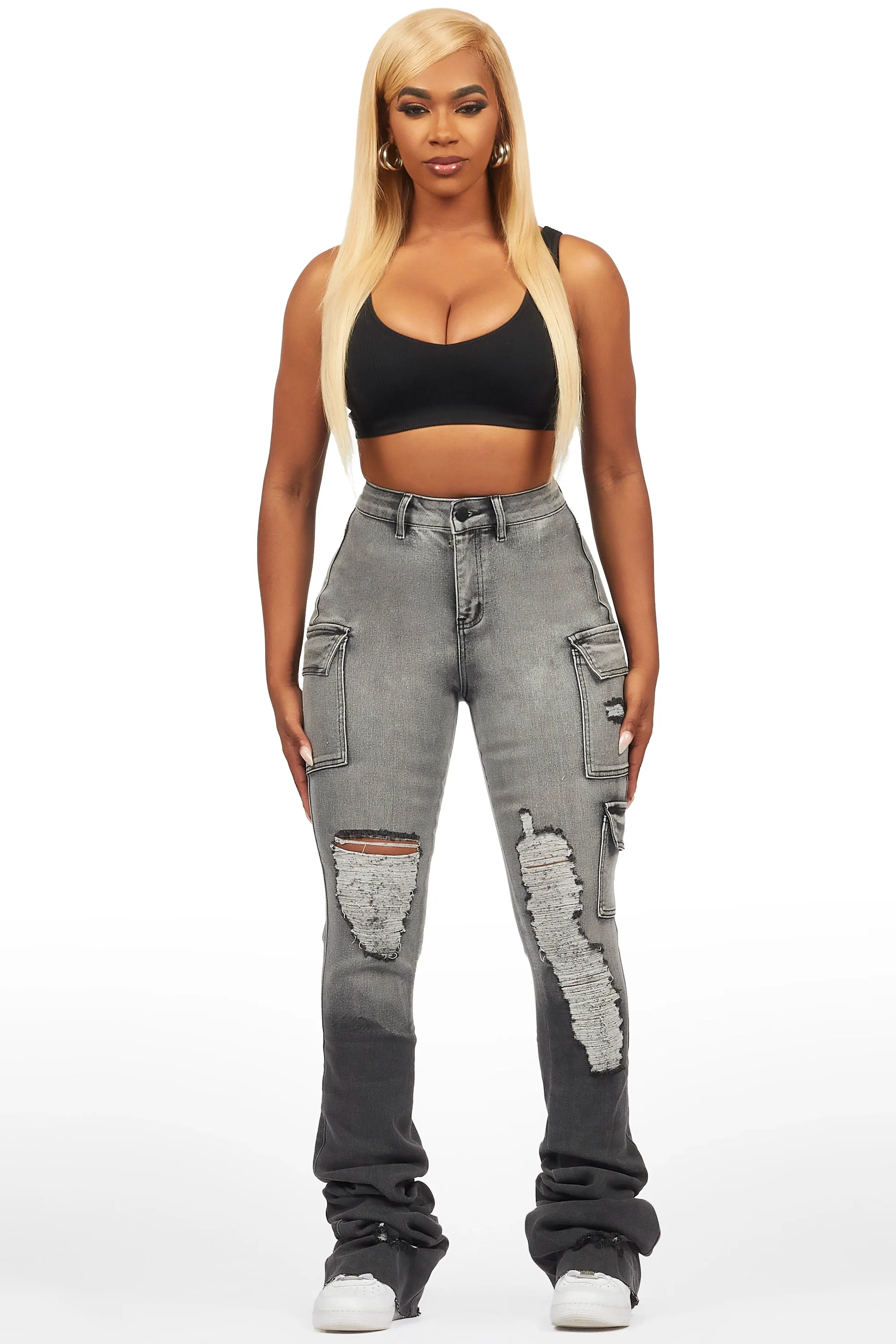 Vixen Grey Wash Distressed Cargo Super Stacked Jean - Image 2