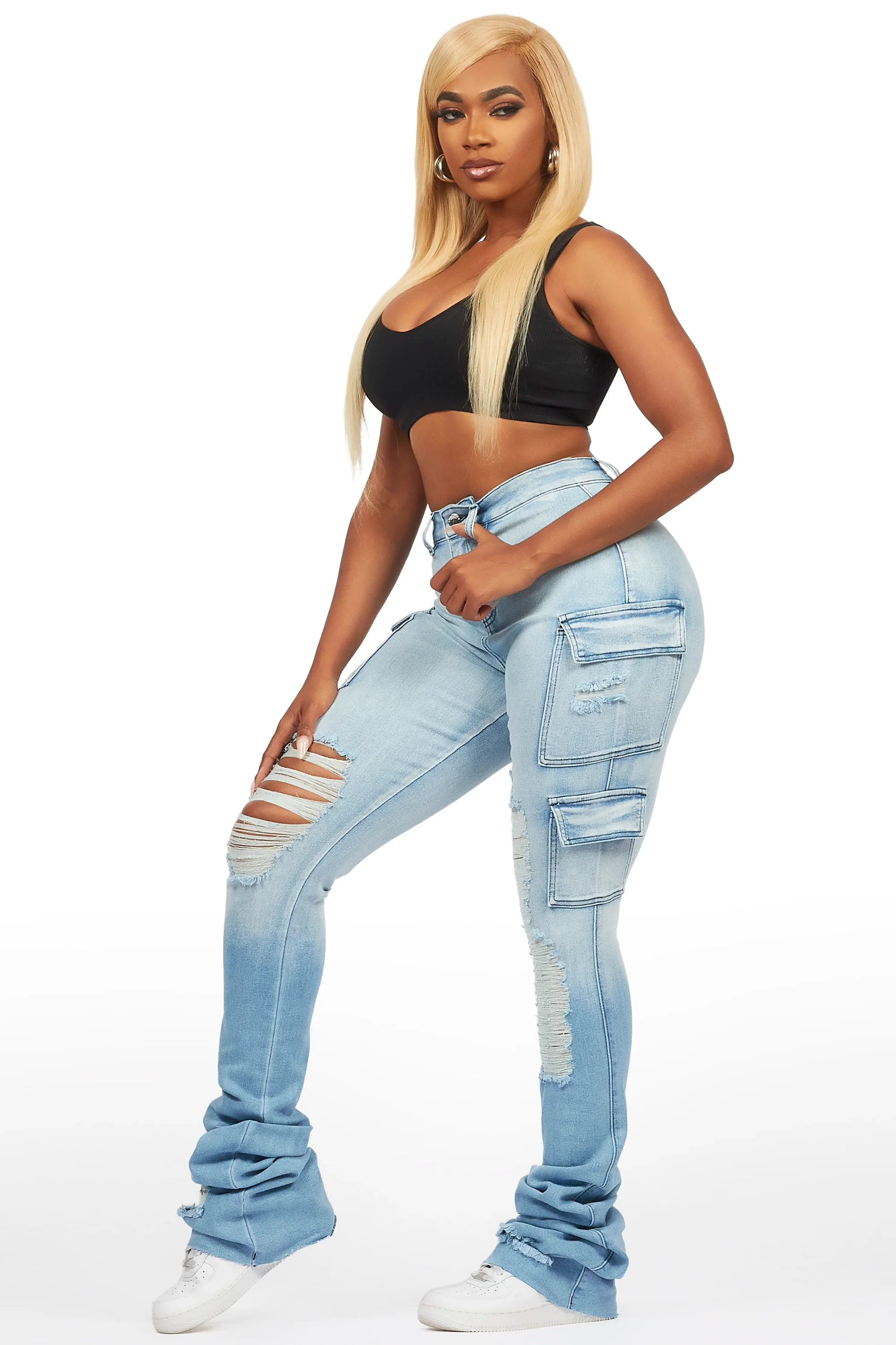 Vixen Light Wash Distressed Cargo Super Stacked Jean - Image 5