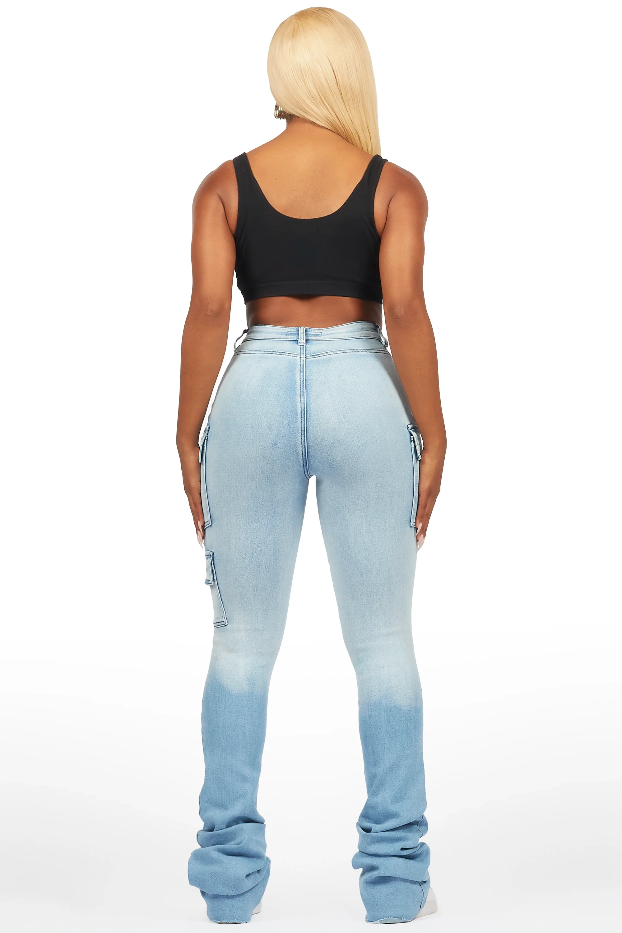 Vixen Light Wash Distressed Cargo Super Stacked Jean - Image 6