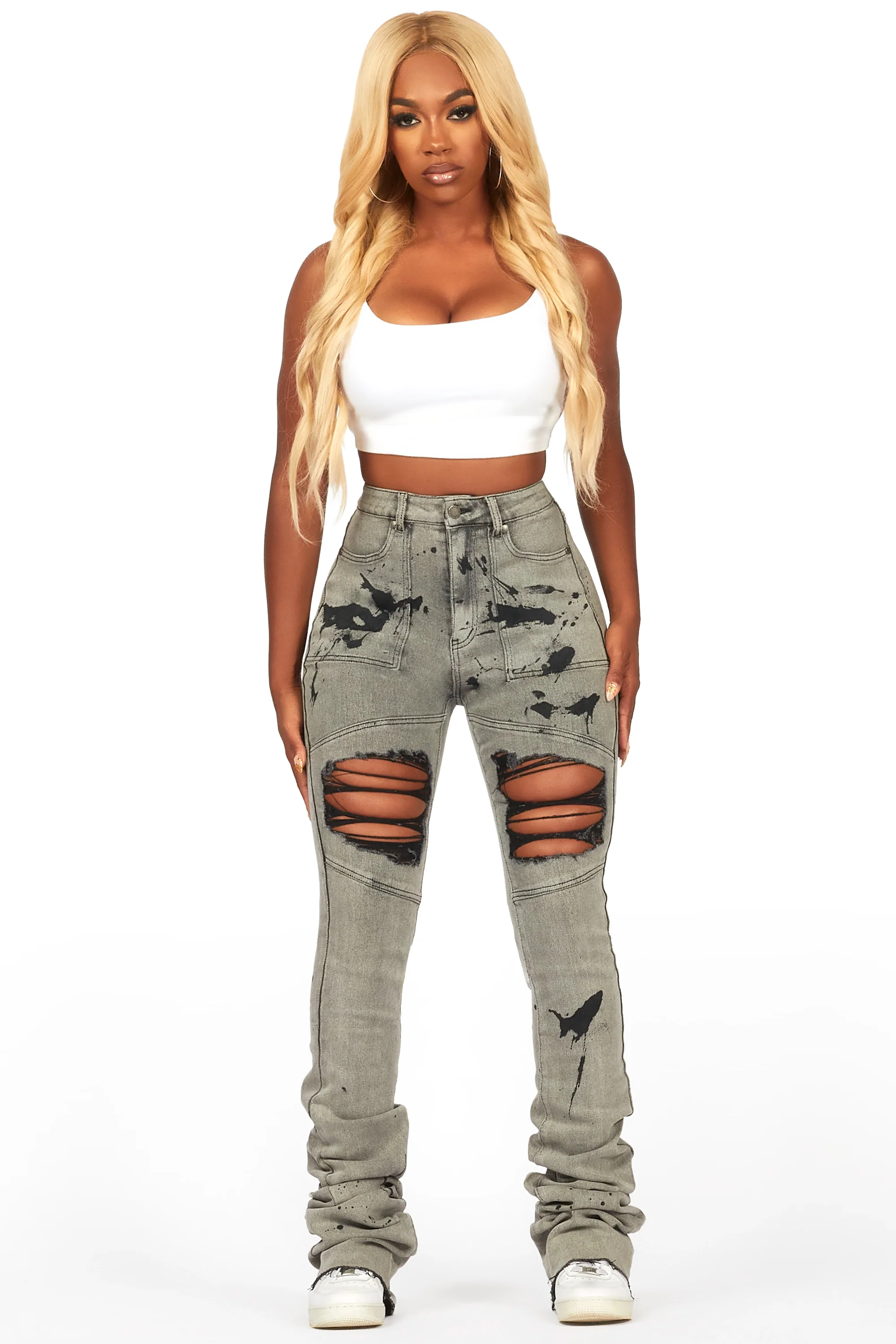 Taurean Grey Wash Painted Carpenter Super Stacked Jean - Image 2