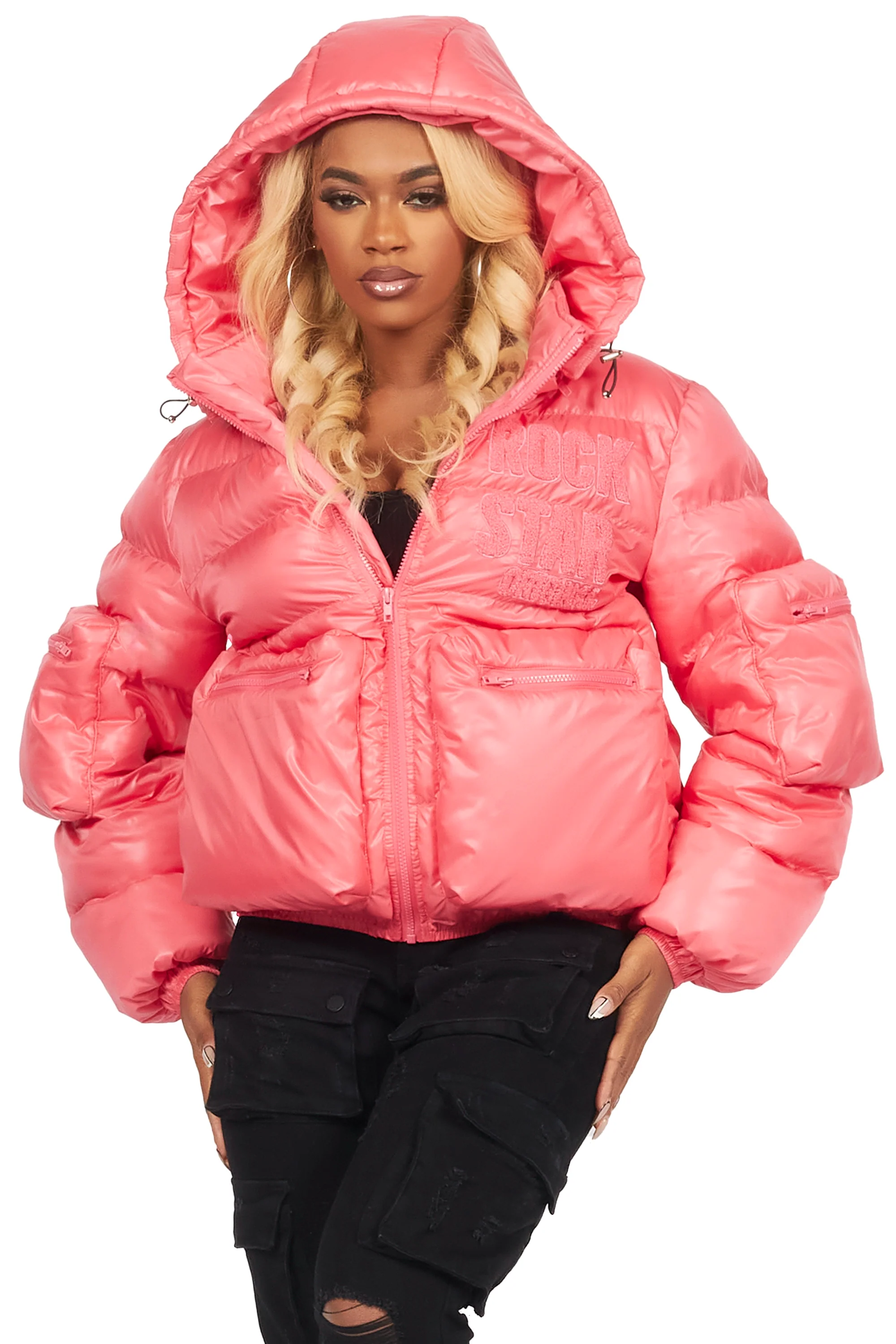 Keisha Pink Cargo Puffer Jacket - Image 2