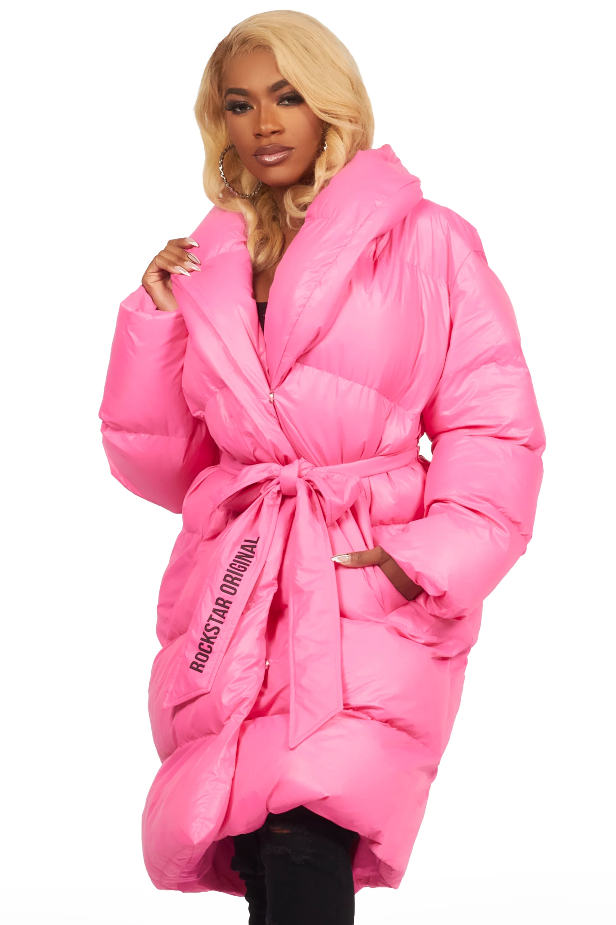 Sehrazat Hot Pink Long Wrap Puffer Jacket - Image 5