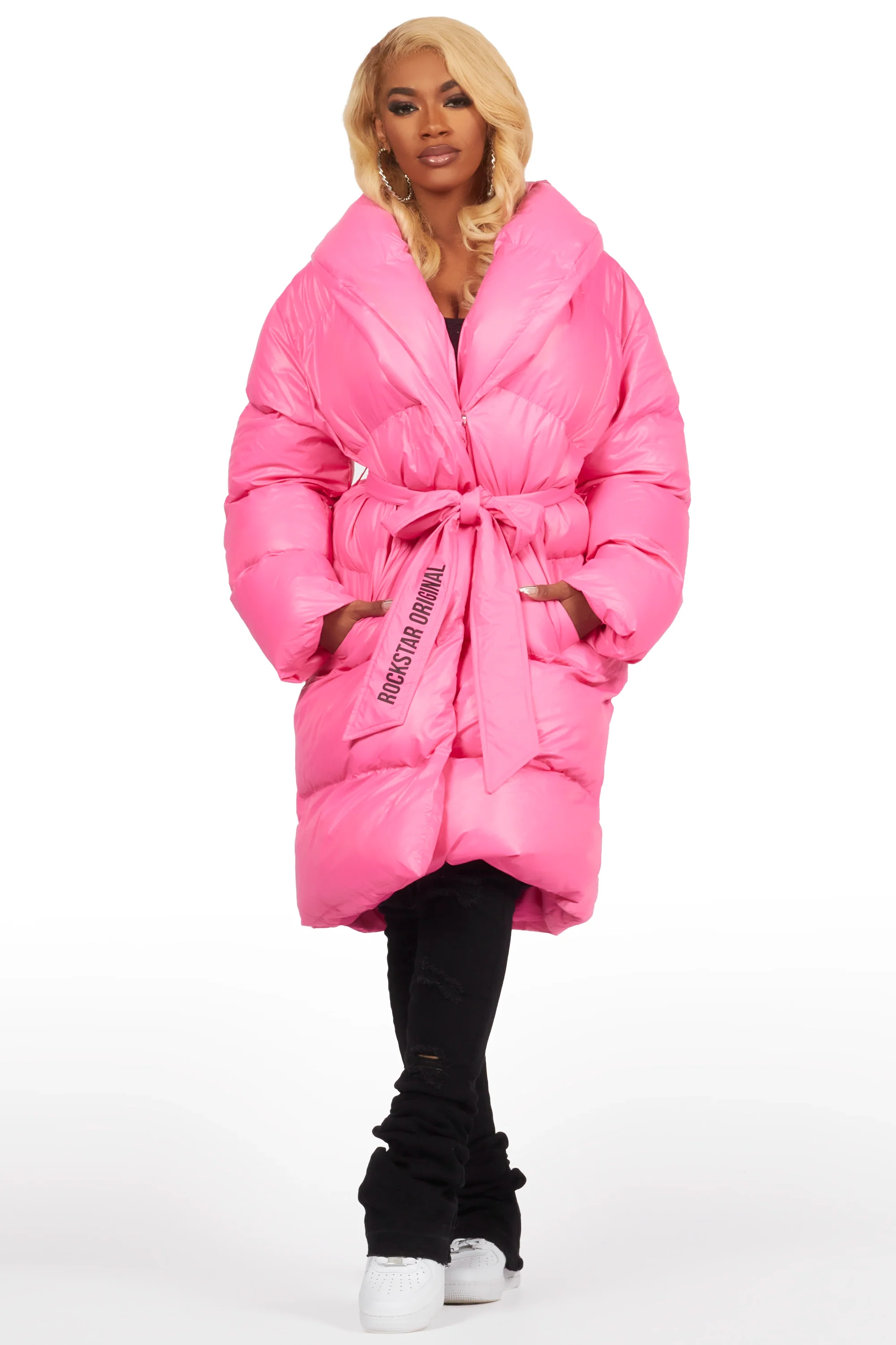 Sehrazat Hot Pink Long Wrap Puffer Jacket - Image 7