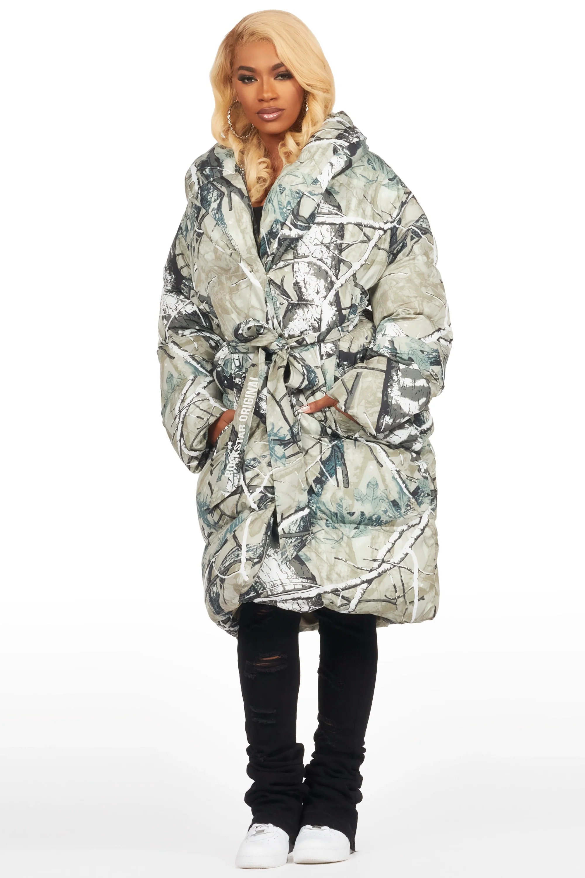 Sehrazat Tree Camo Long Wrap Puffer Jacket - Image 6