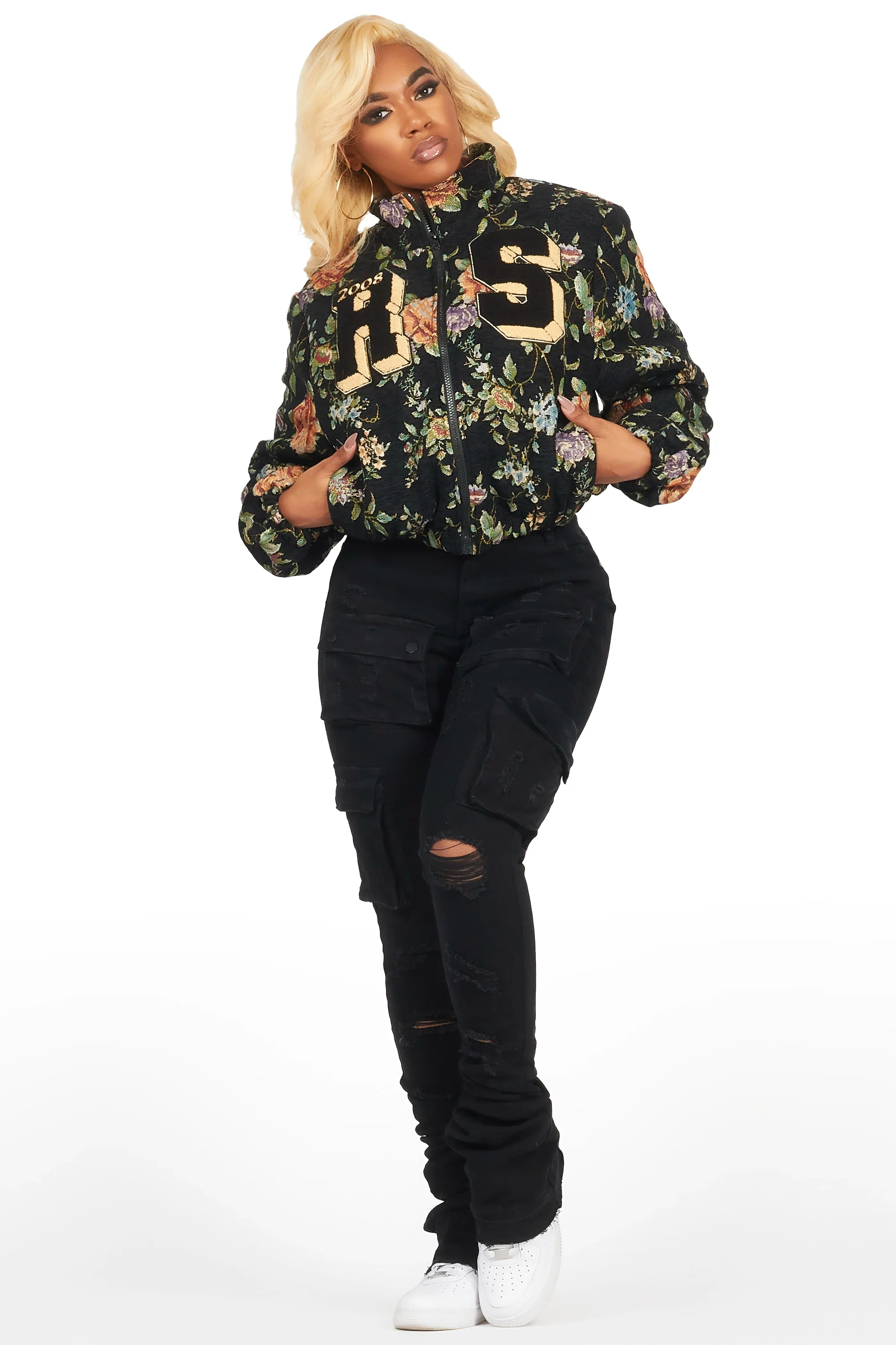 Marionna Black Tapestry Puffer Jacket - Image 13