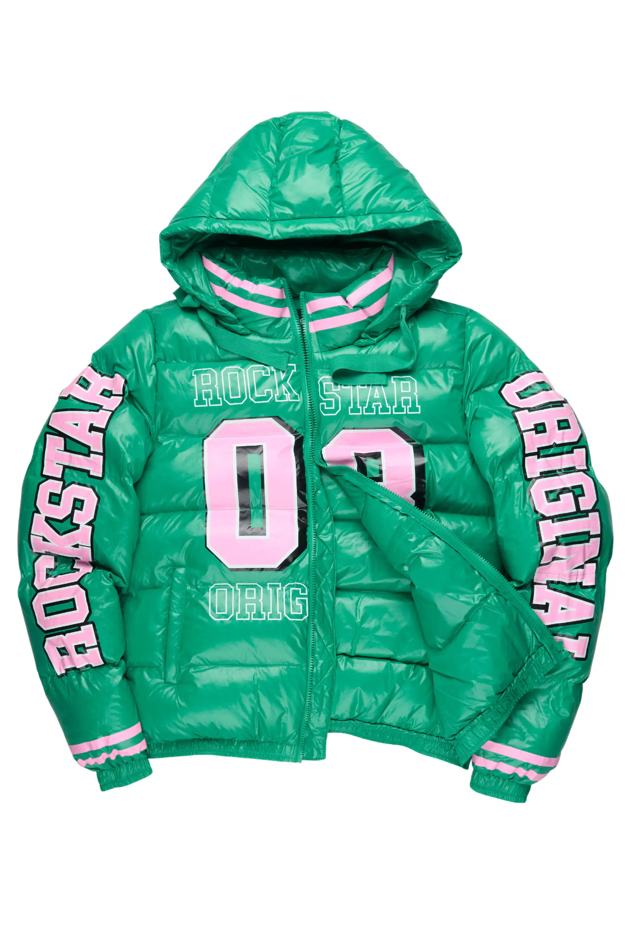 Kymberly Green/Pink Varsity Puffer Jacket - Image 2