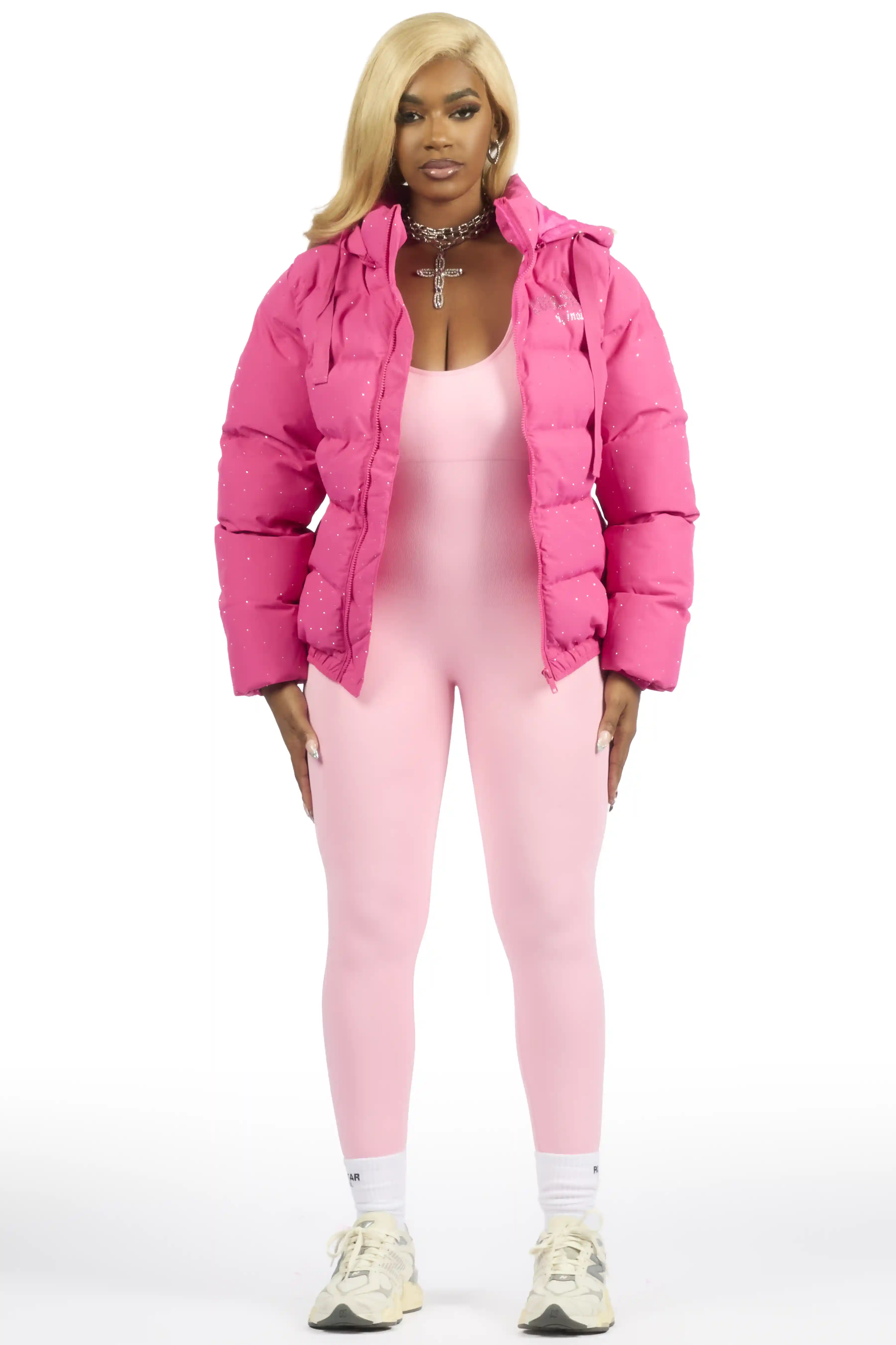 Onellia Hot Pink Rhinestone Puffer Jacket - Image 4