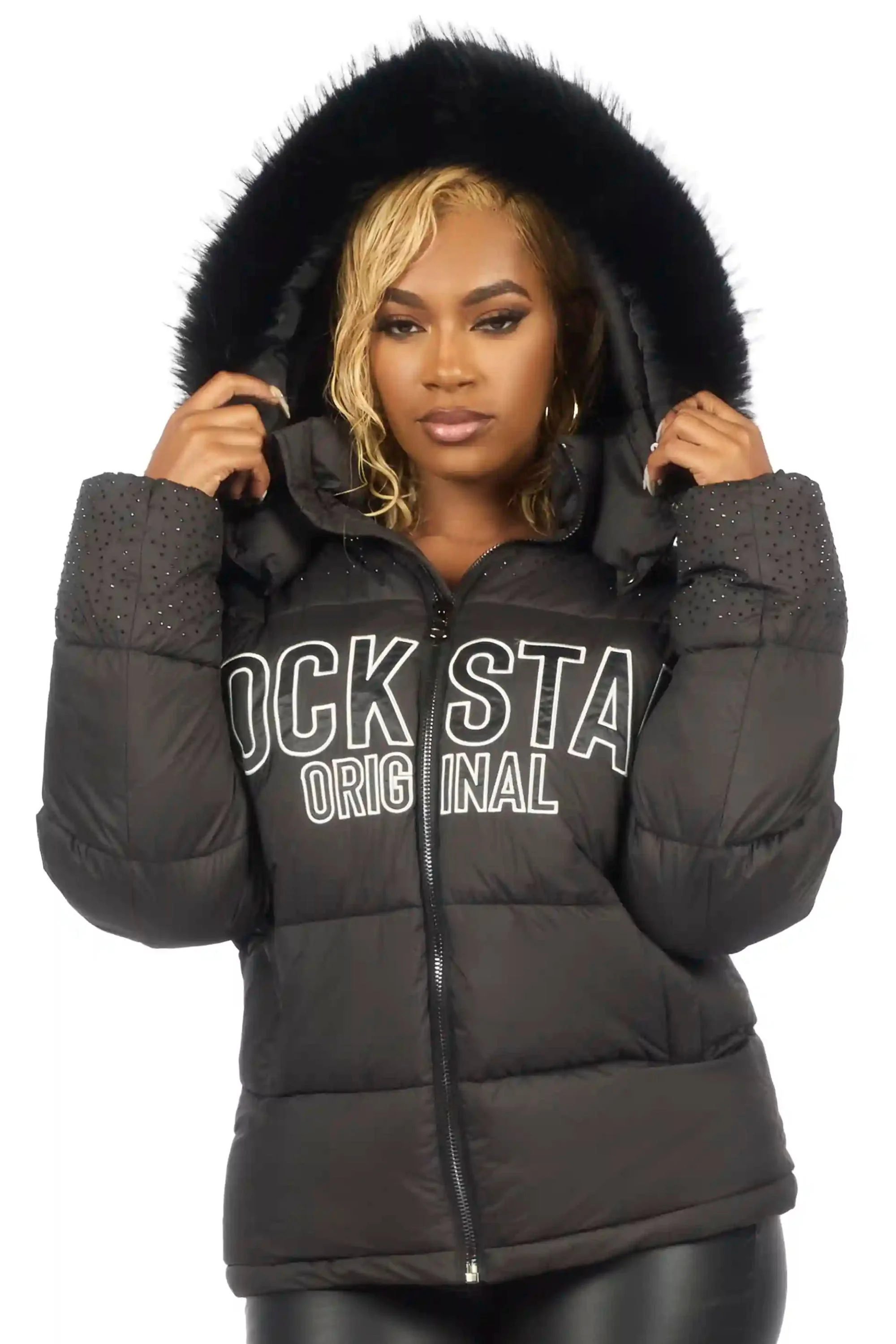 Natia Black Oversized Rhinestone Puffer Jacket - Image 2