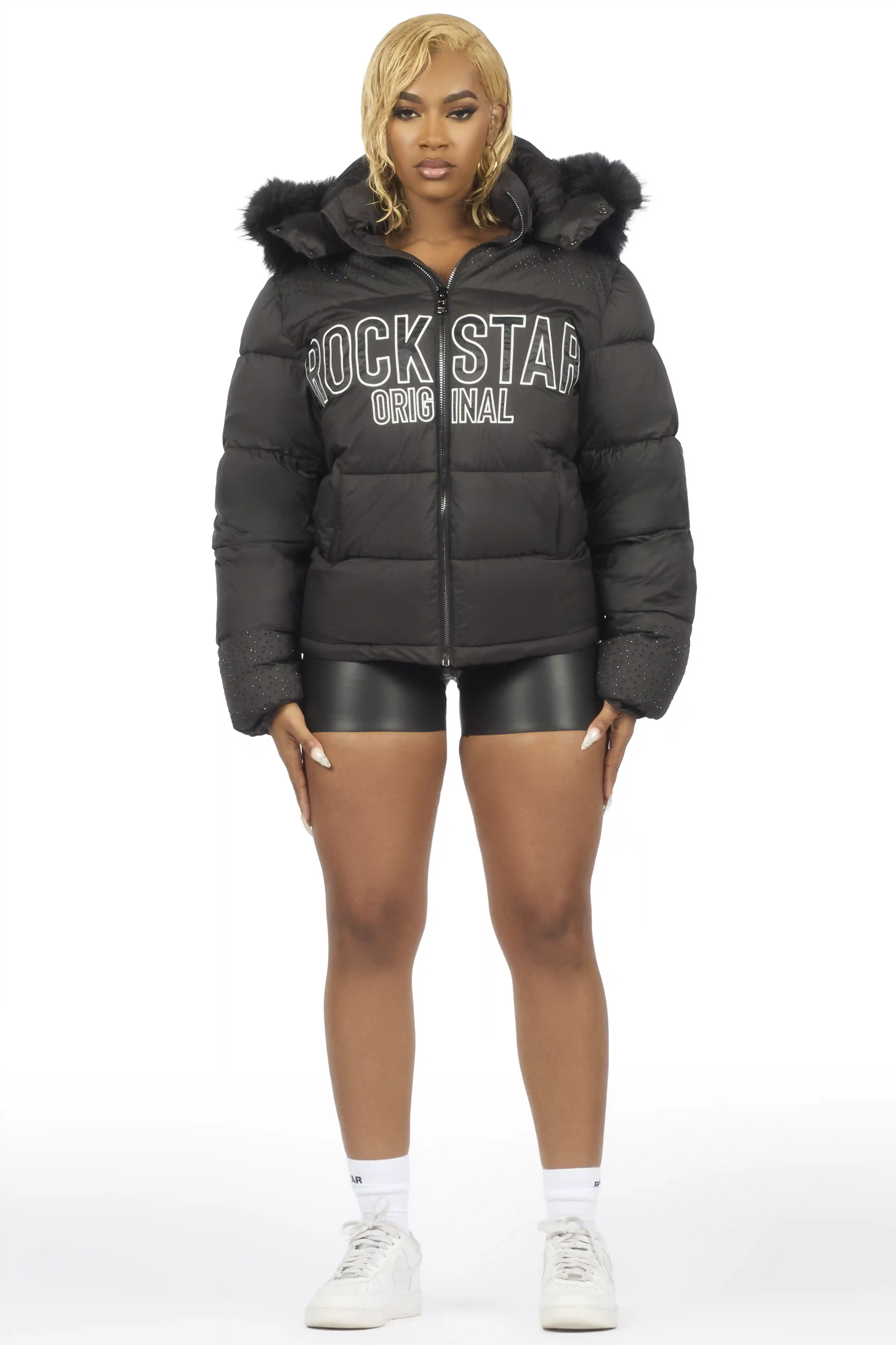 Natia Black Oversized Rhinestone Puffer Jacket - Image 4