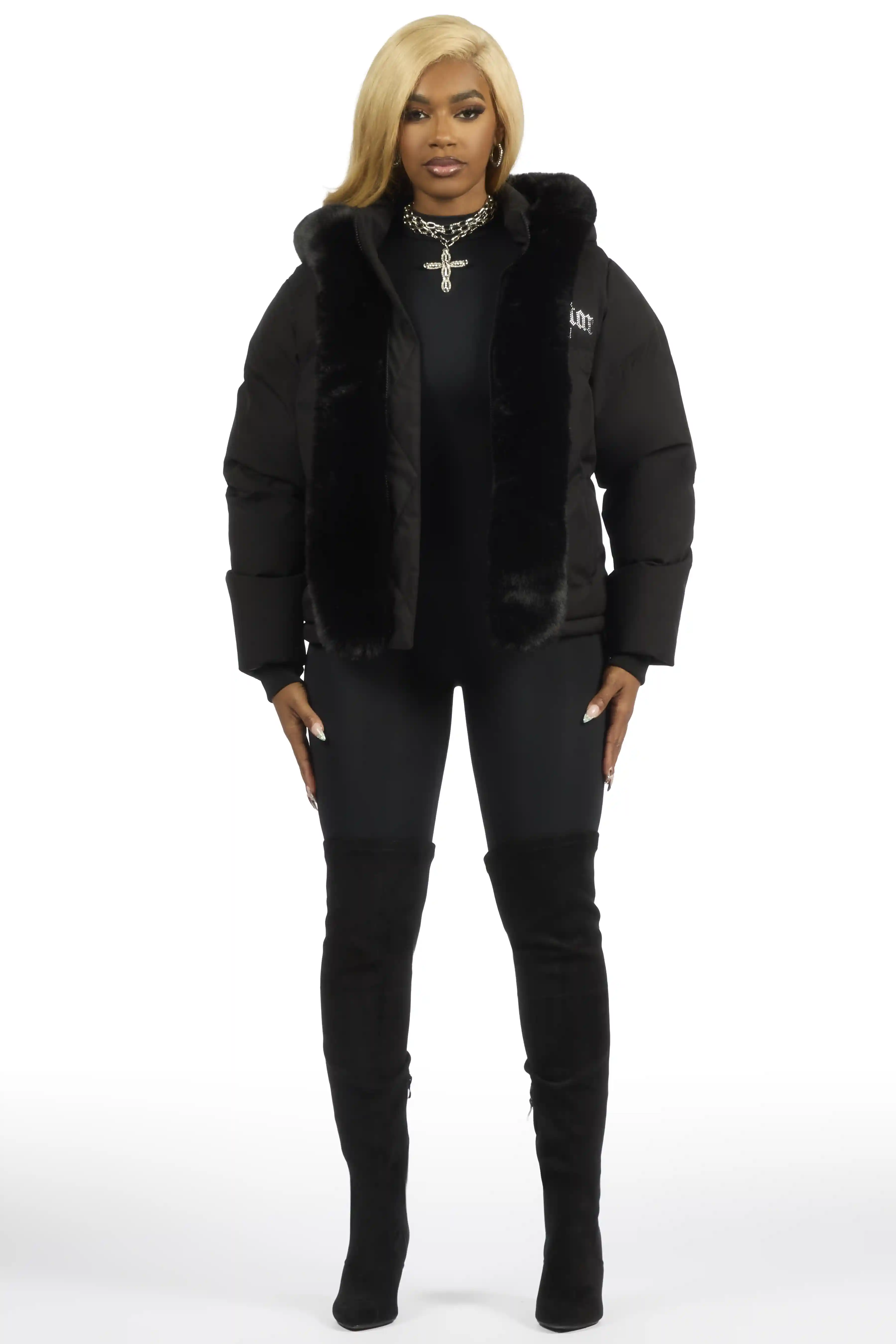 Dontaisha Black Puffer Jacket With Fur Trim - Image 8
