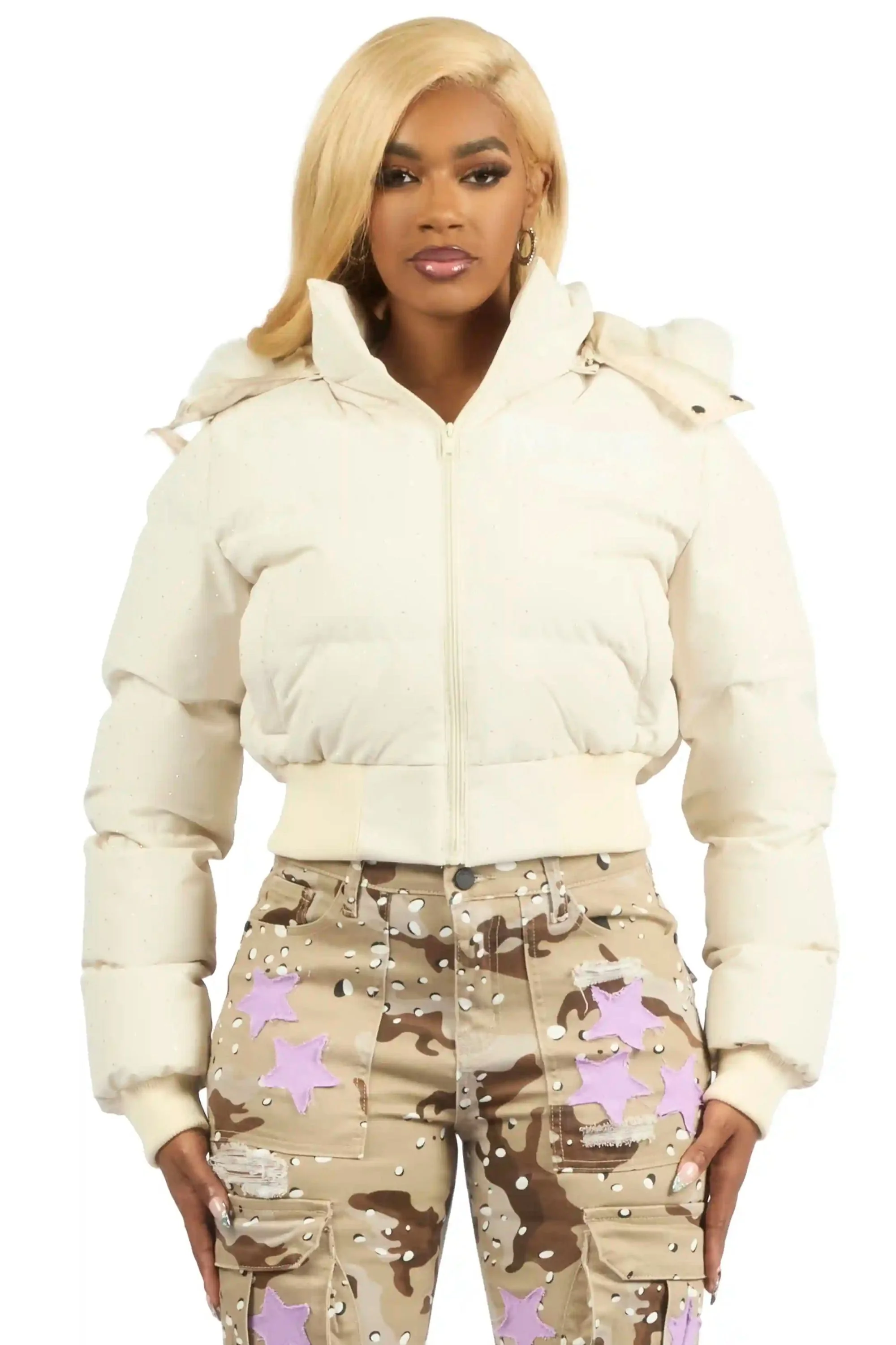 Gabrielle Beige Rhinestone Puffer Jacket With Fur Hood - Image 7