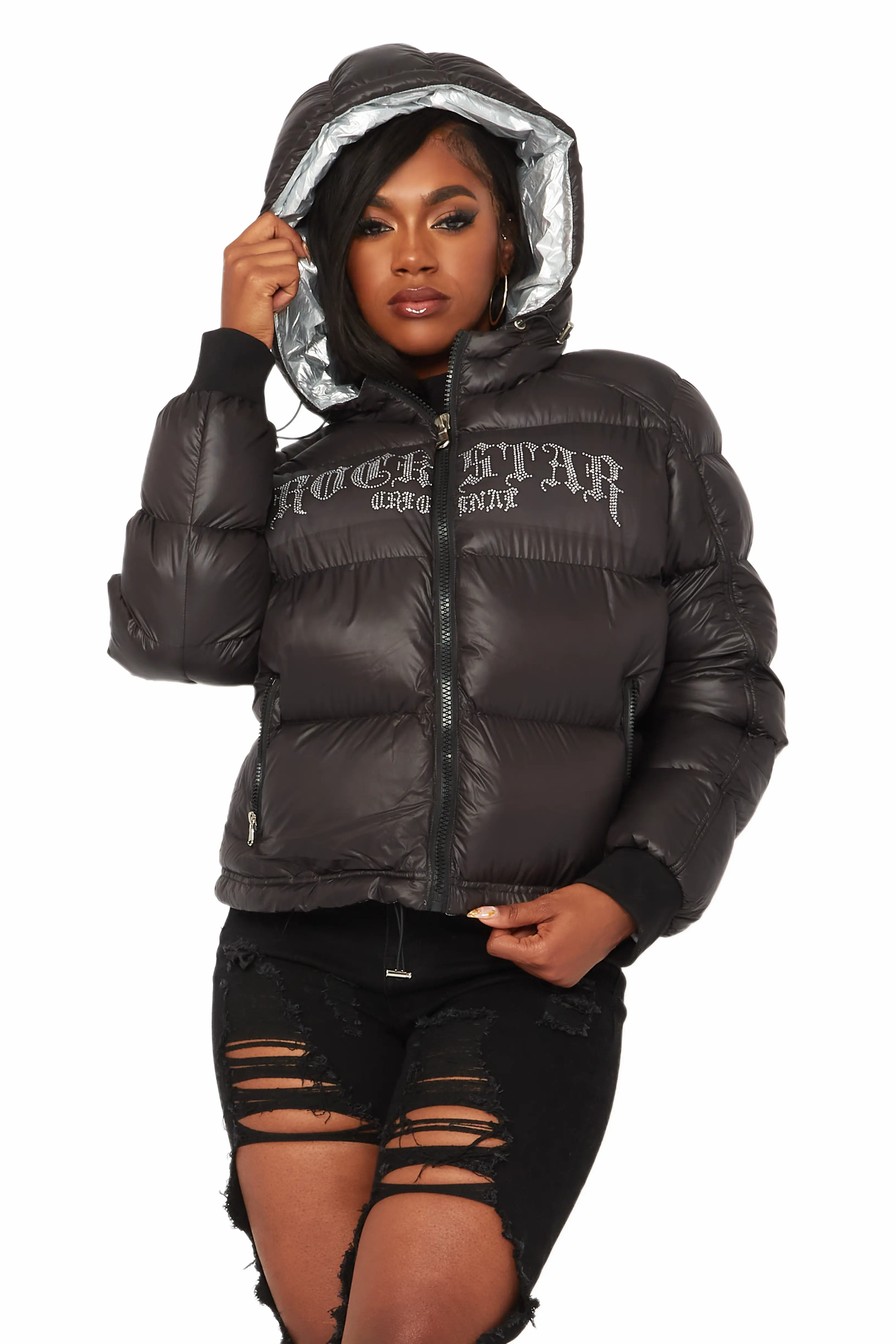 Rose Black Puffer Jacket - Image 3
