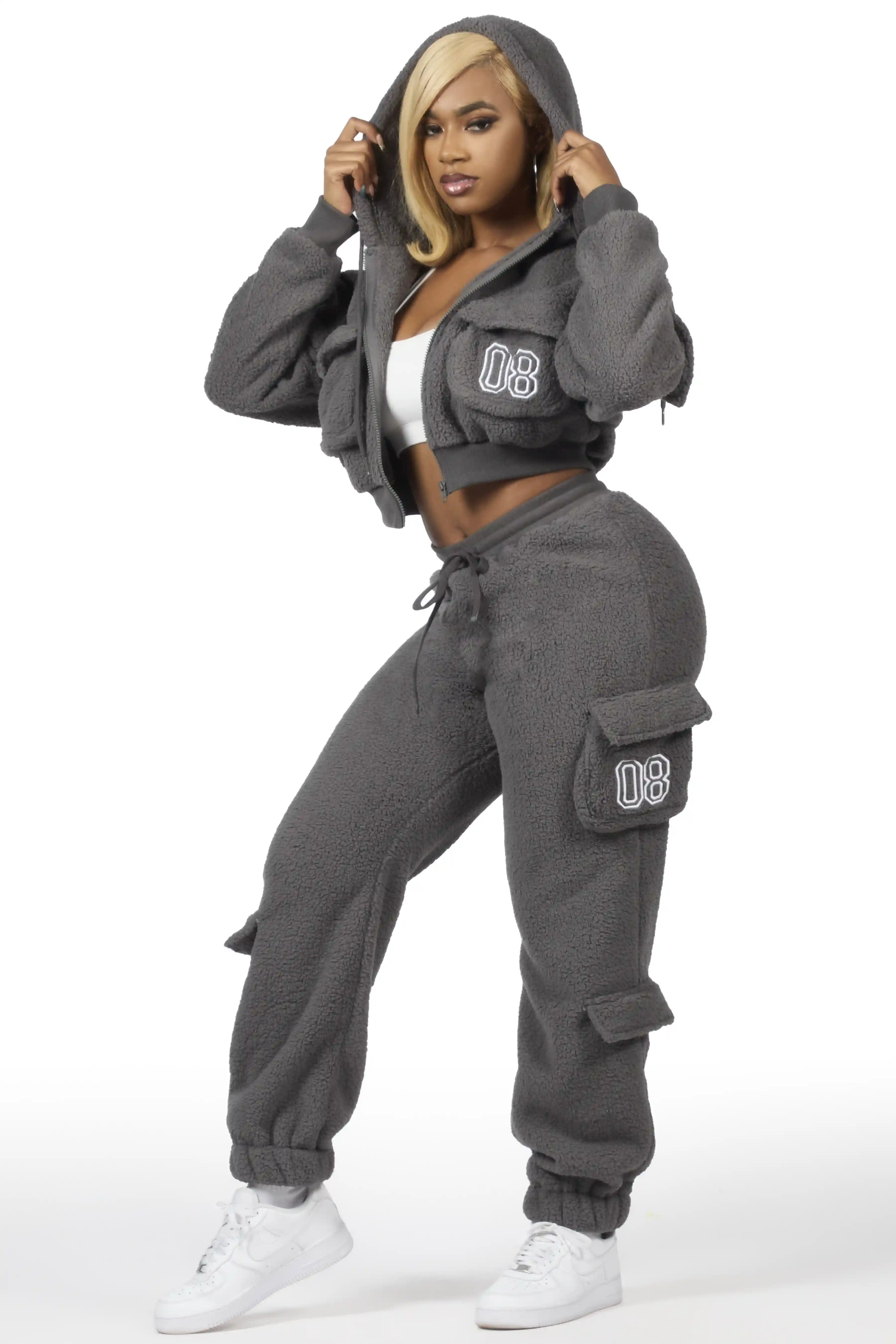 Renea Grey Sherpa Cargo Baggy Fit Track Set