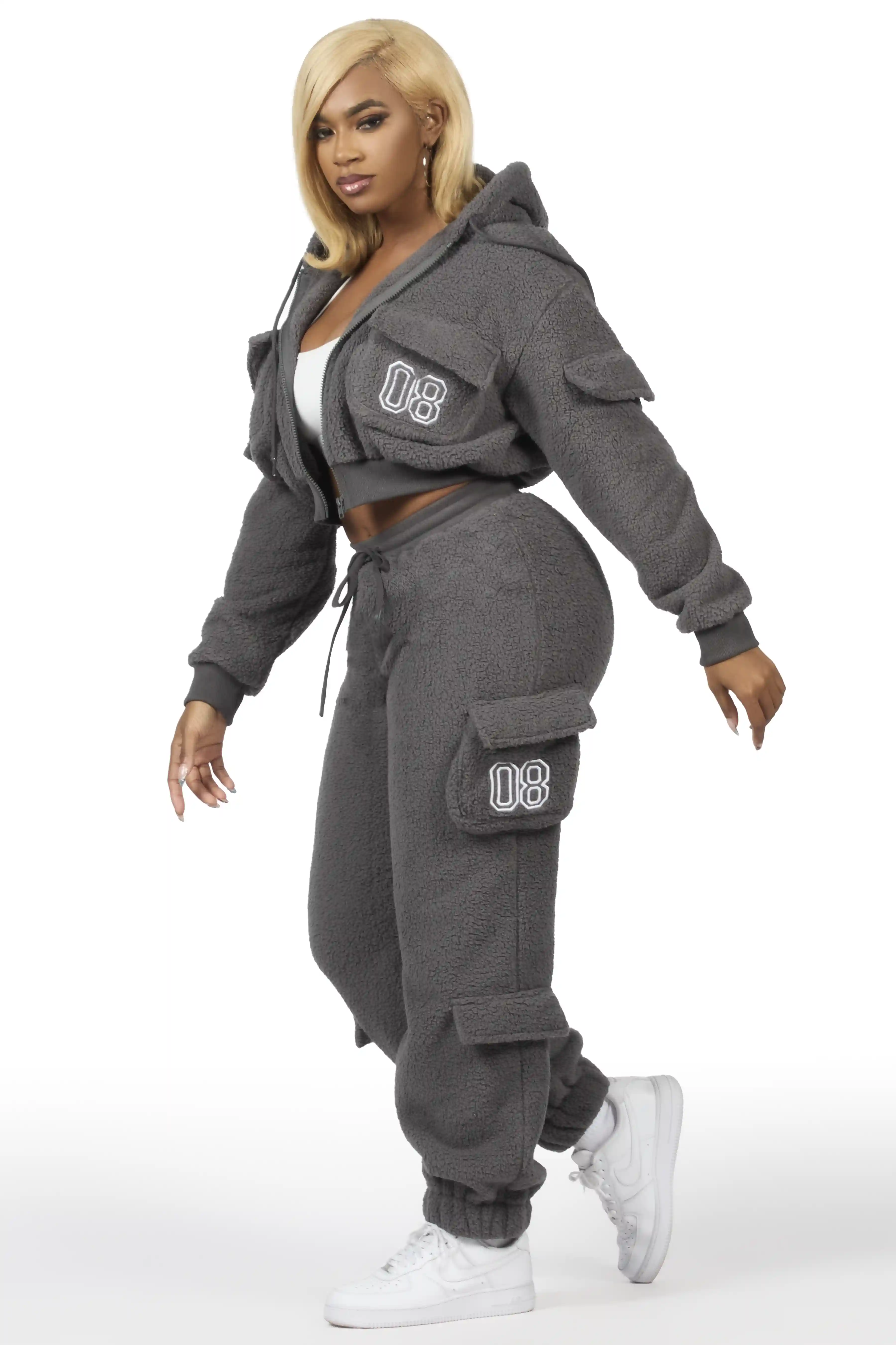 Renea Grey Sherpa Cargo Baggy Fit Track Set - Image 7